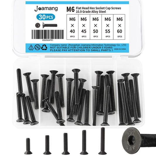 Joamang M6 x 40mm 45mm 50mm 55mm 60mm Flat Head Hex Socket Cap Screws Countersunk Bolts, 10.9 Grade Alloy Steel, Black Oxide Finish, Metric Allen Drive, Fully Threaded, Assortment Kit 30Pcs