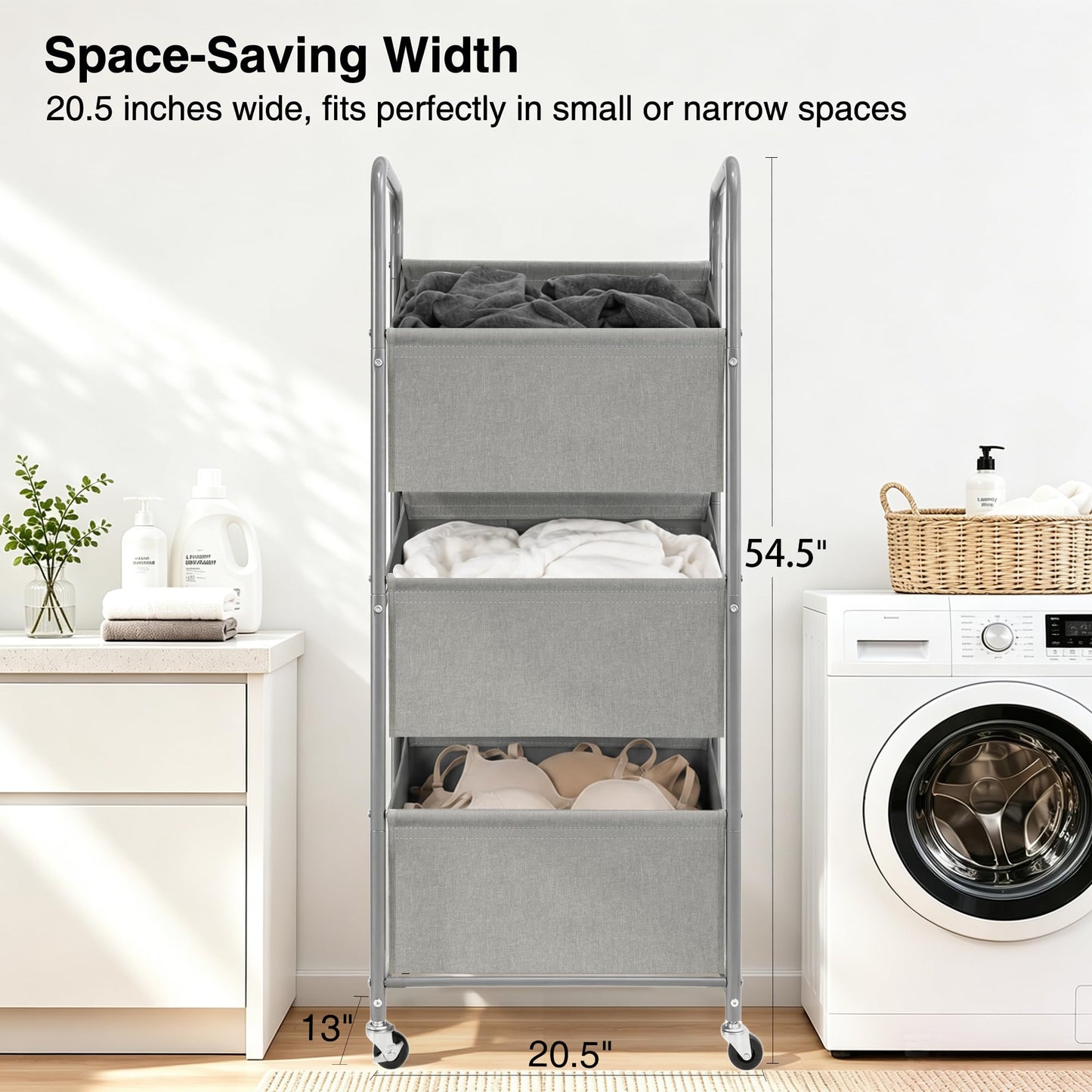STO STO 3-Tier Vertical Rolling Laundry Hamper, Removable Bags, Gray Faric