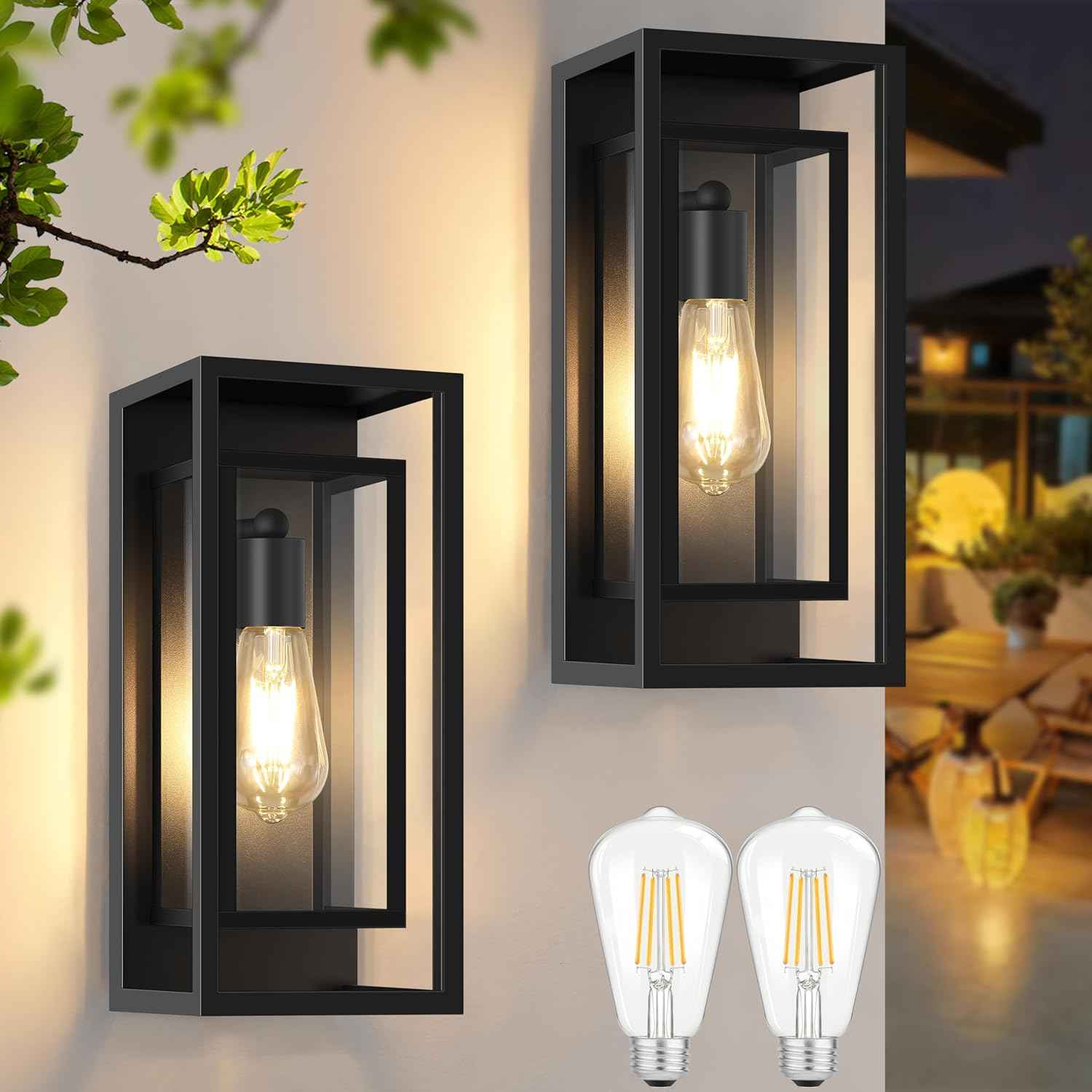 Waterproof Black Outdoor Wall Lanterns - 14'' Sconces with Clear Glass Shade, Anti-Rust, 2-Pack for Porch, Patio & Garage