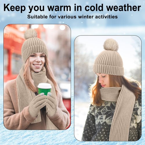 SATINIOR 5 Pieces Winter Beanie Hat Scarf Touchscreen Gloves and Thick Socks Set Knit Fleece Lined Warmer for Men and Women(Beige,Pompom)