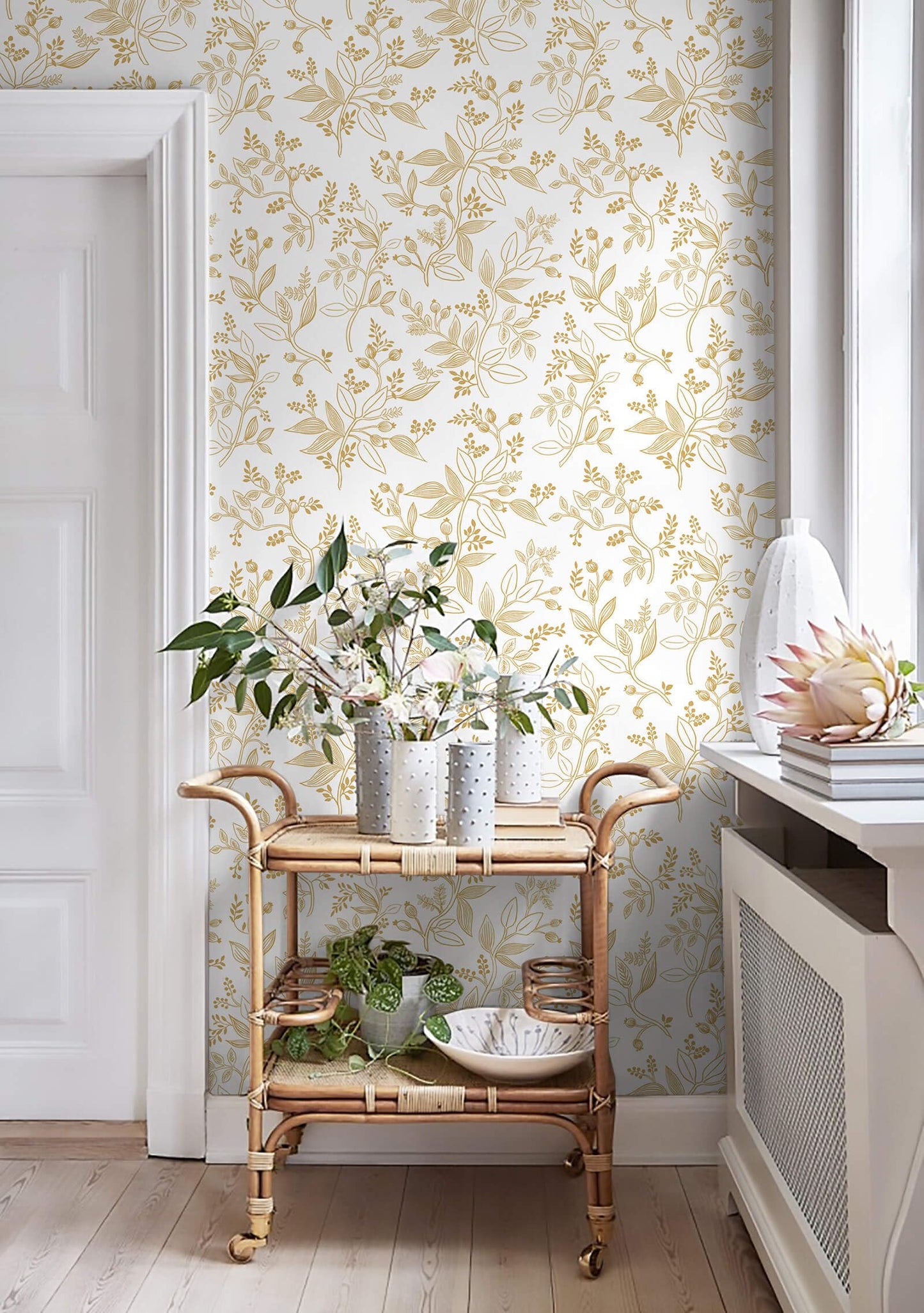 Heroad Floral Wallpaper Peel and Stick White and Gold Contact Paper Modern Removable Contact Paper for Cabinets and Drawers Bathroom Vinyl Roll Self Adhesive 78.7" x 17.3"