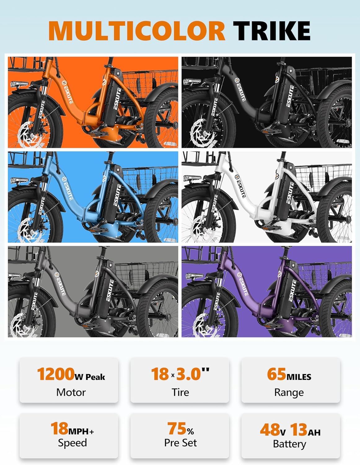 T300 Electric Trike Bike - 1200W Motor, 624Wh Battery, 18x3.0 Fat Tires | Foldable 3-Wheel E-Bike for Up to 65 Miles