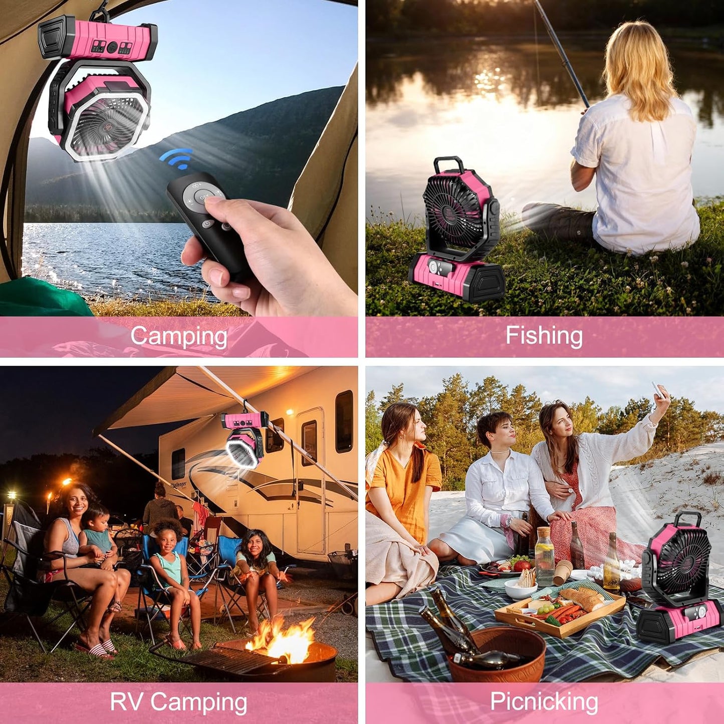 Odoland 30000mAh Camping Fan - Rechargeable LED Lantern with Remote, Oscillating Design, Pink