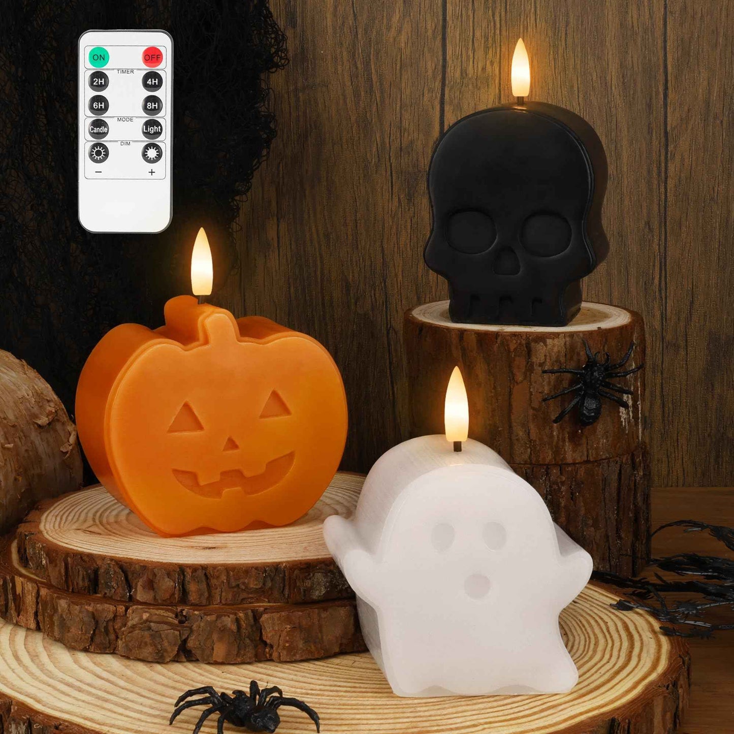 Halloween Flameless Candles with Remote, Real Wax Ghost, Pumpkin, Skull Battery Operated Candles, Flickering LED Fake Candle, Halloween Decorations for Table, fireplace, Home, Party, Festival Decor