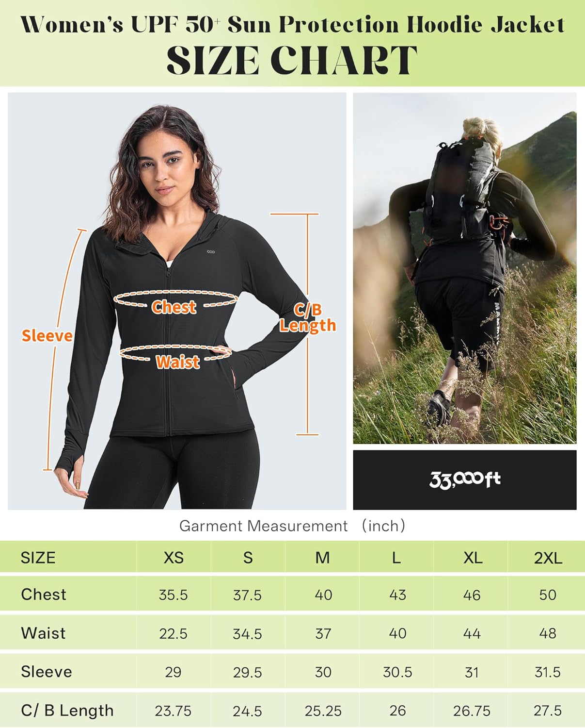 33,000ft Women's UPF 50+ Sun Protection Jacket - Lightweight Long Sleeve Hoodie for Hiking & Running