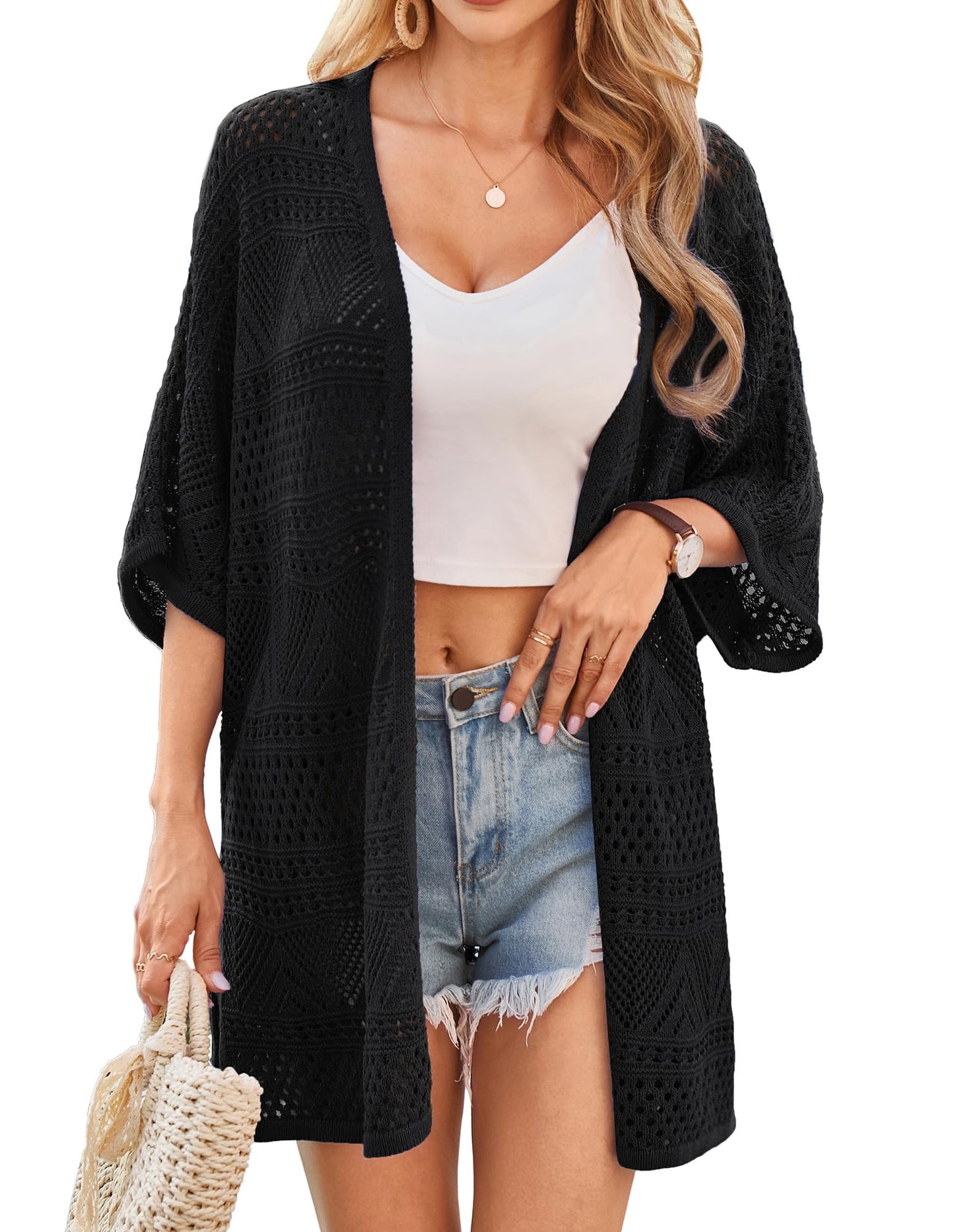 GRACE KARIN Short Sleeve Black Cardigan for Women Summer Lightweight Plus Size Crochet Knit Sweaters Spring Cardigan L