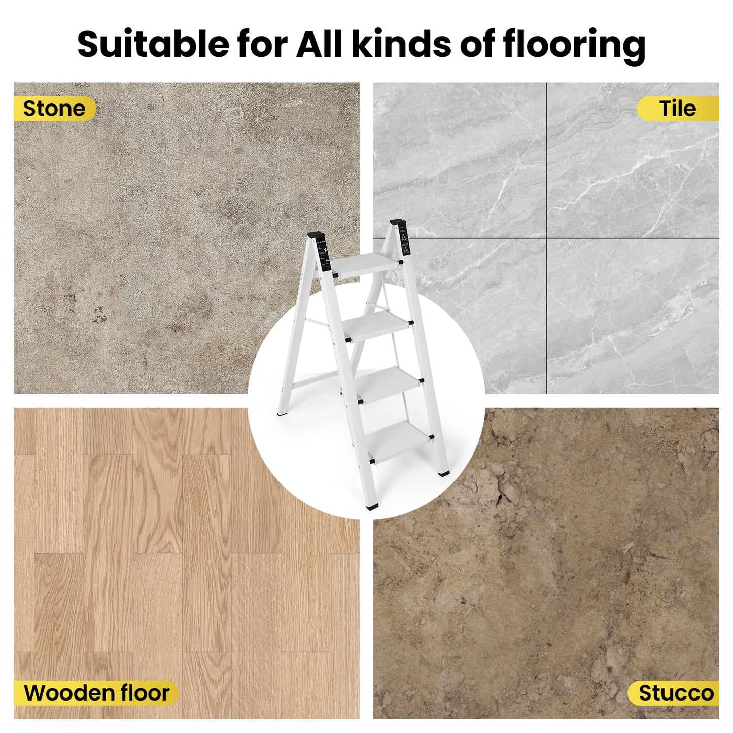 FAHKNS 4 Step Ladder, Aluminum Folding Step Stool with Anti-Slip Sturdy and Wide Pedal, Portable Space Saving Closet Step Stool for Home and Kitchen, Step Stools for Adults, White, 330Lbs