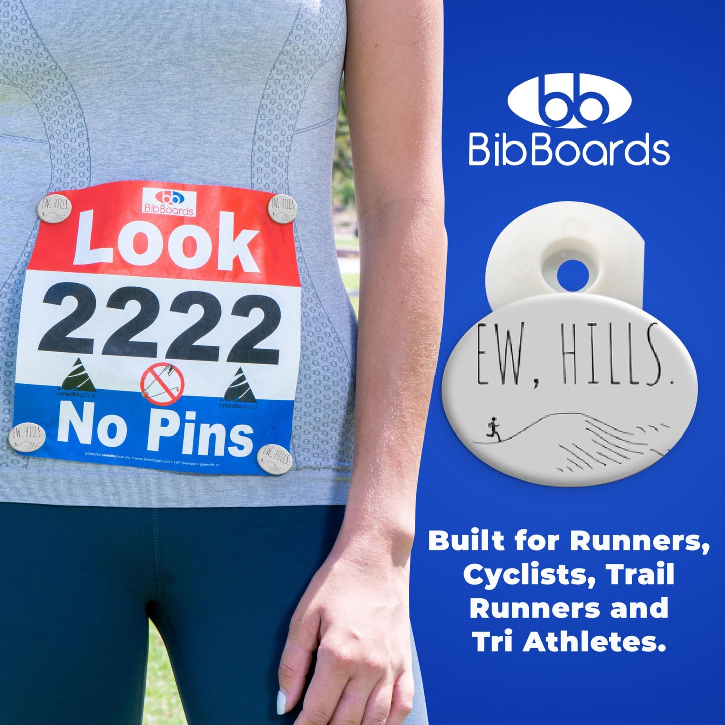 BibBoards bibSNAPS Race Bib Clips, Ew, Hills, 4 Pack