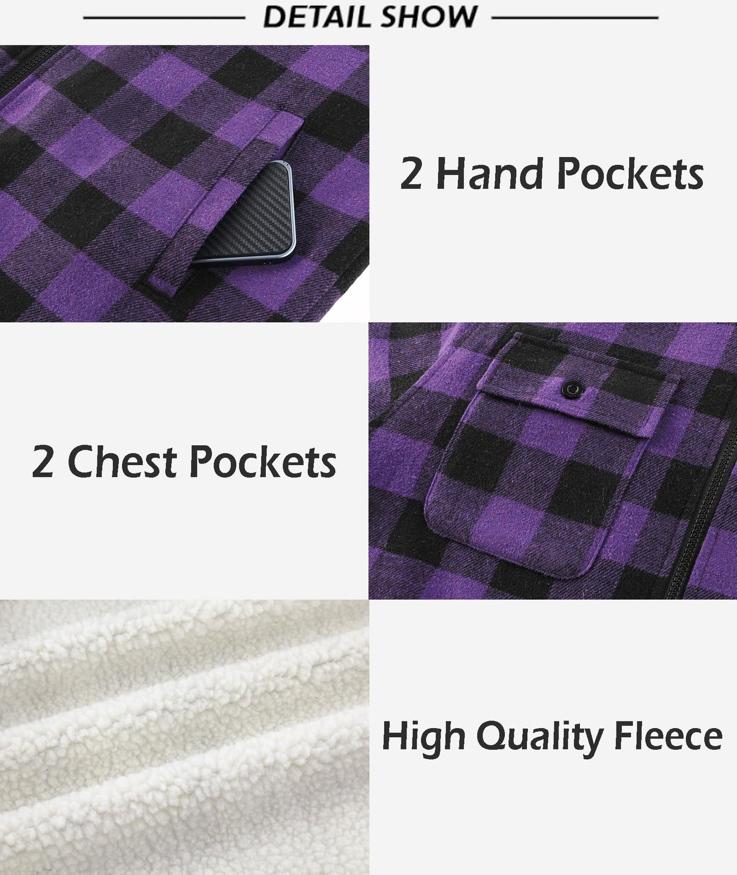 SCODI Men's Flannel Shirt Jacket Fleece Sherpa Lined Plaid Jackets Coat Full Zip Up Hoodie Winter Outwear Purple XL
