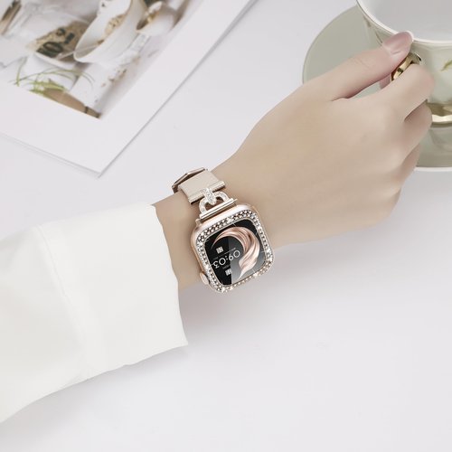 Leather Band Compatible with Fitbit Sense 2/Versa 4 Bands for Women, Dressy Leather Strap with Rhinestone D-Shape Metal Buckle with with Bling Case Cover (Fitbit Versa4/Sense2, Beige/Rose Gold)