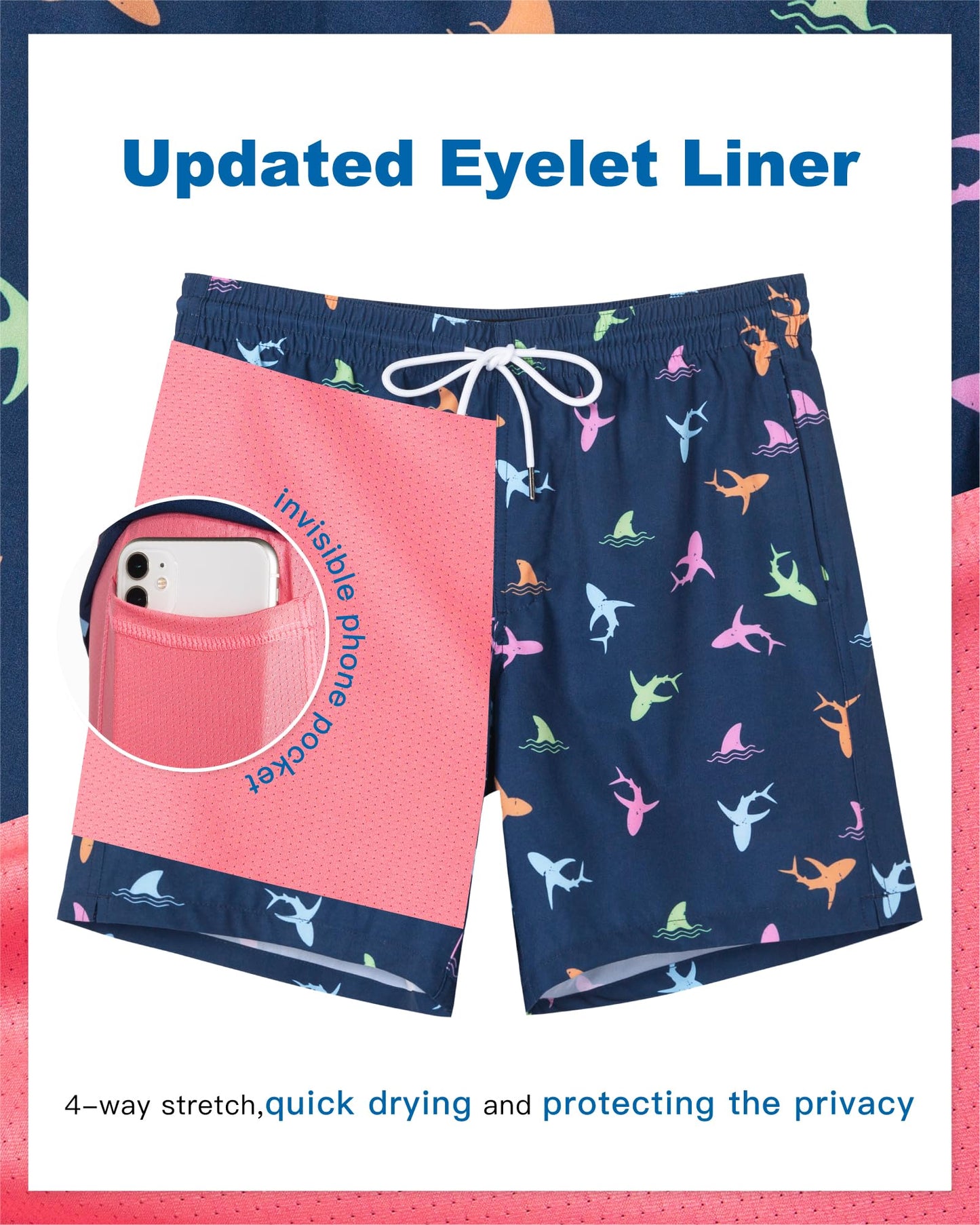 SURF CUZ Mens Swim Trunks with Compression Liner Quick Dry Swim Shorts 7" Swimming Trunks Stretch Bathing Suit Zipper Pockets,01 Rainbow Dolphins,XL