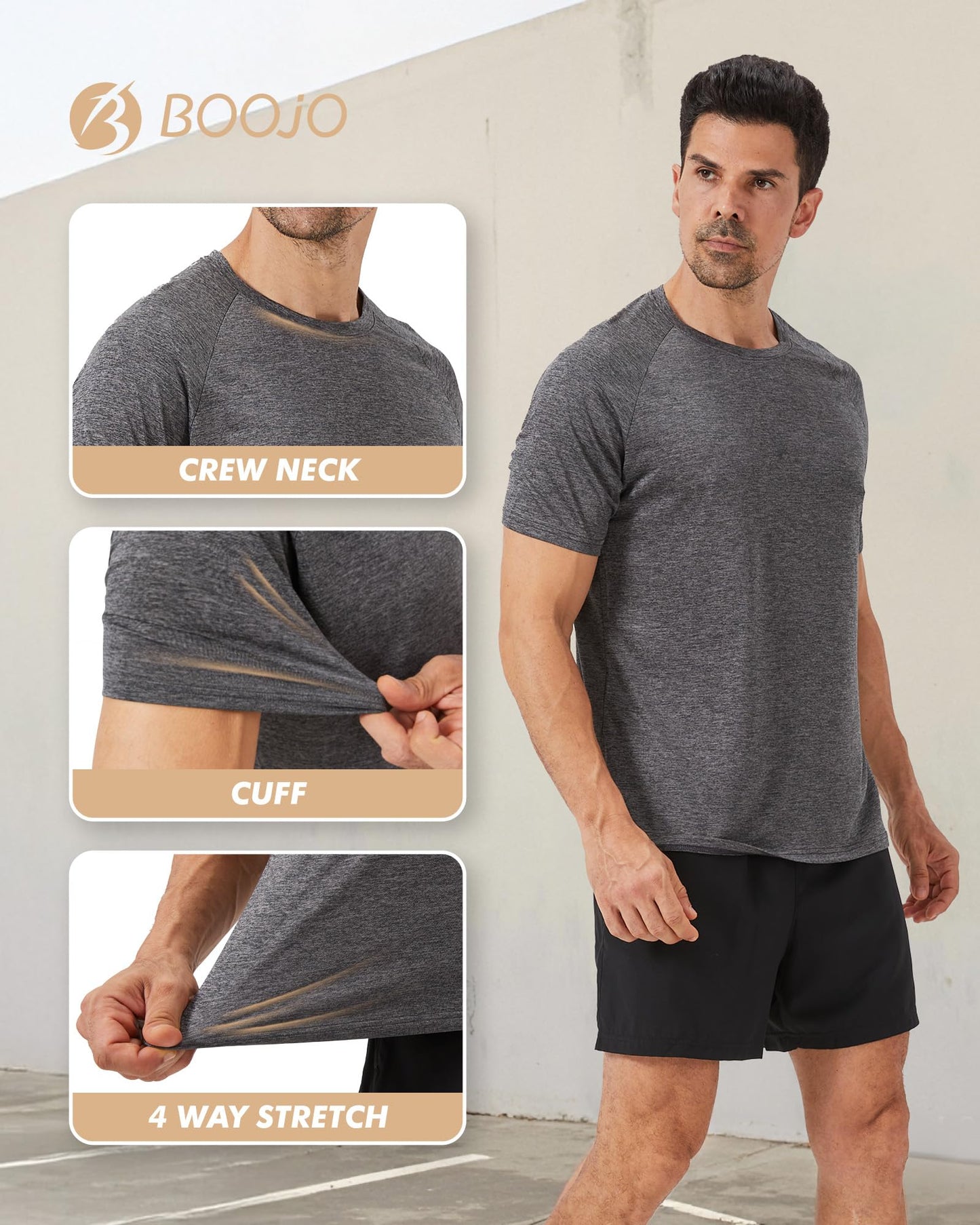 BOOJO 3 Pack Workout Mens Shirts - Quick Dry Causal Moisture Wicking Work Gym Athletic Short Sleeve for Running Sport Lounge