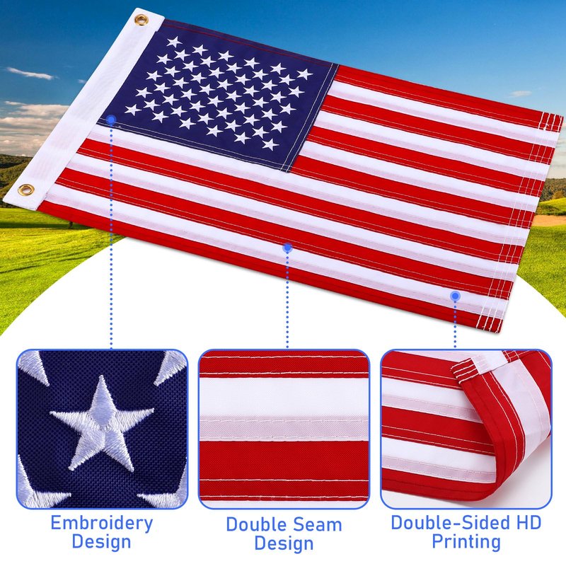 TOBWOLF 2PCS 12"x18" Golf Cart Flags, American Flag Embroidery with Elastic Strap Bracket for Easy Installation, 250th Anniversary Patriotic US Flag for Boat, Bike, Golf Cart & Independence Day Decor