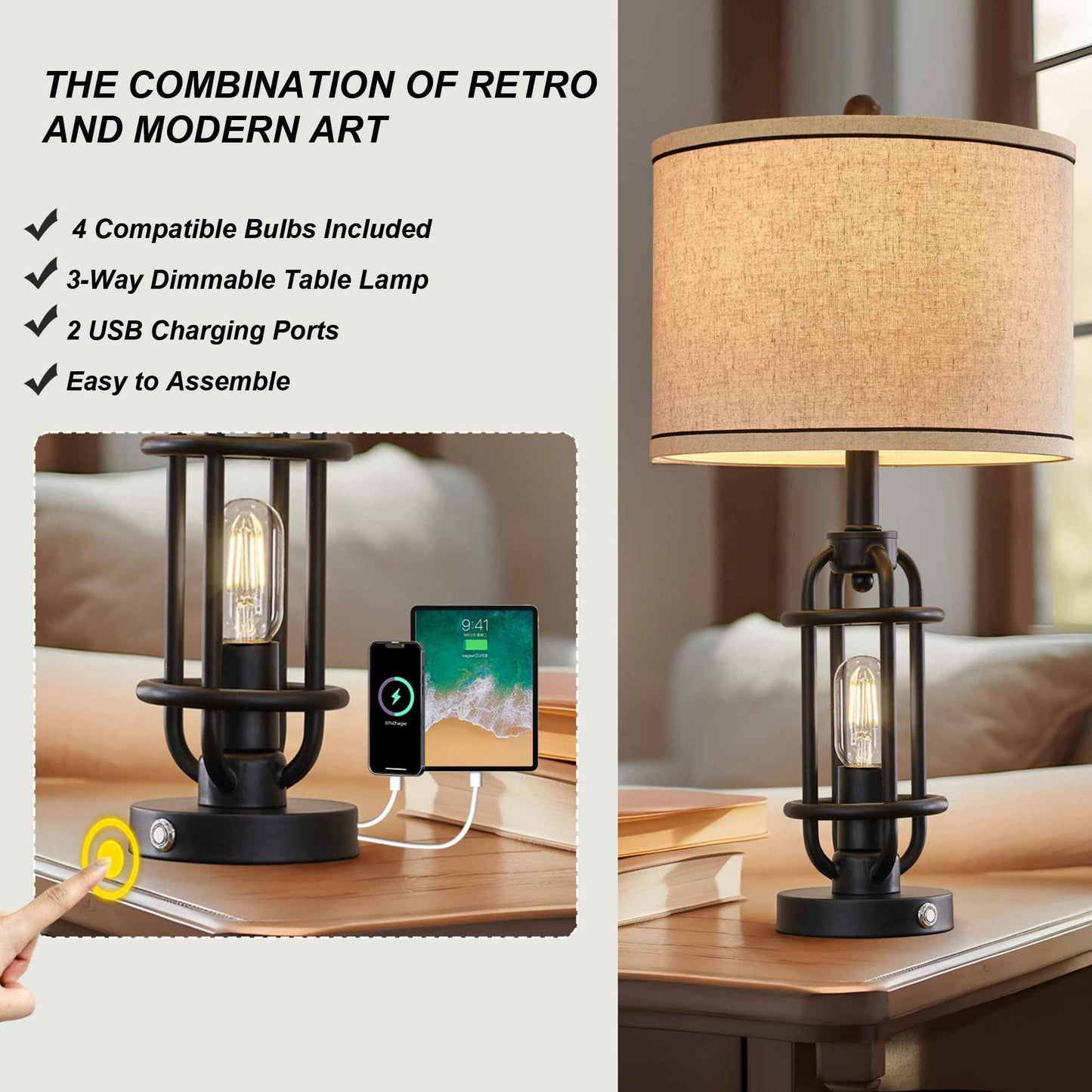 G-SAFAVA 23.75'' Industrial Black Metal Table Lamps Living Room Lamp for Nightstand Bedroom lamps Set of 2 Bedside End Side Table Lamps Home Decor Touch Lamp Modern Lamps With USB Port, Bulbs Included