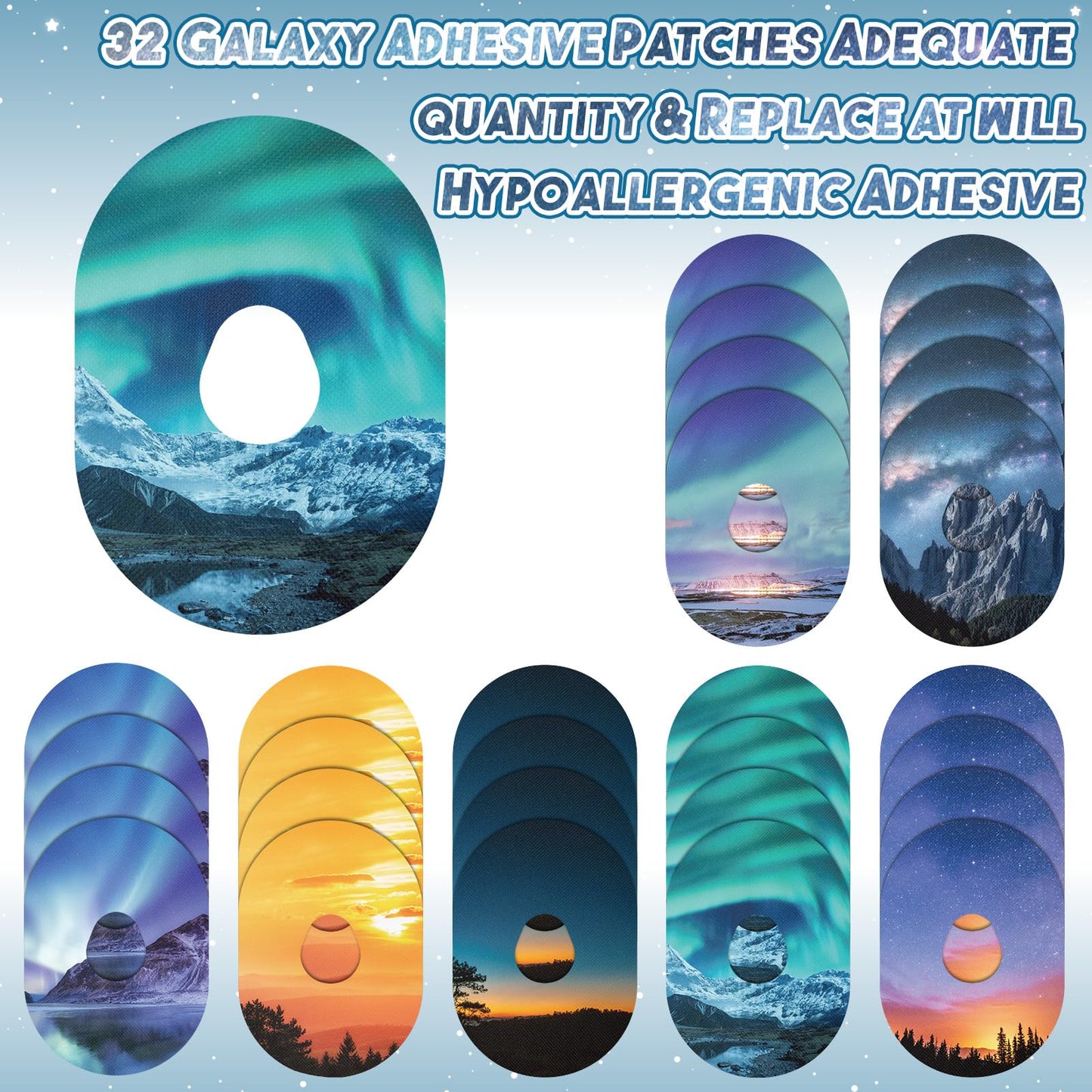 Geiserailie 32 Pack Adhesive Patches Compatible with Dexcom G7, CGM Patches, Nature Views Adhesive Tape Stickers, Sensor Covers Waterproof Sweat Proof Flexible Breathable Pre-Cut Overpatch Sticker