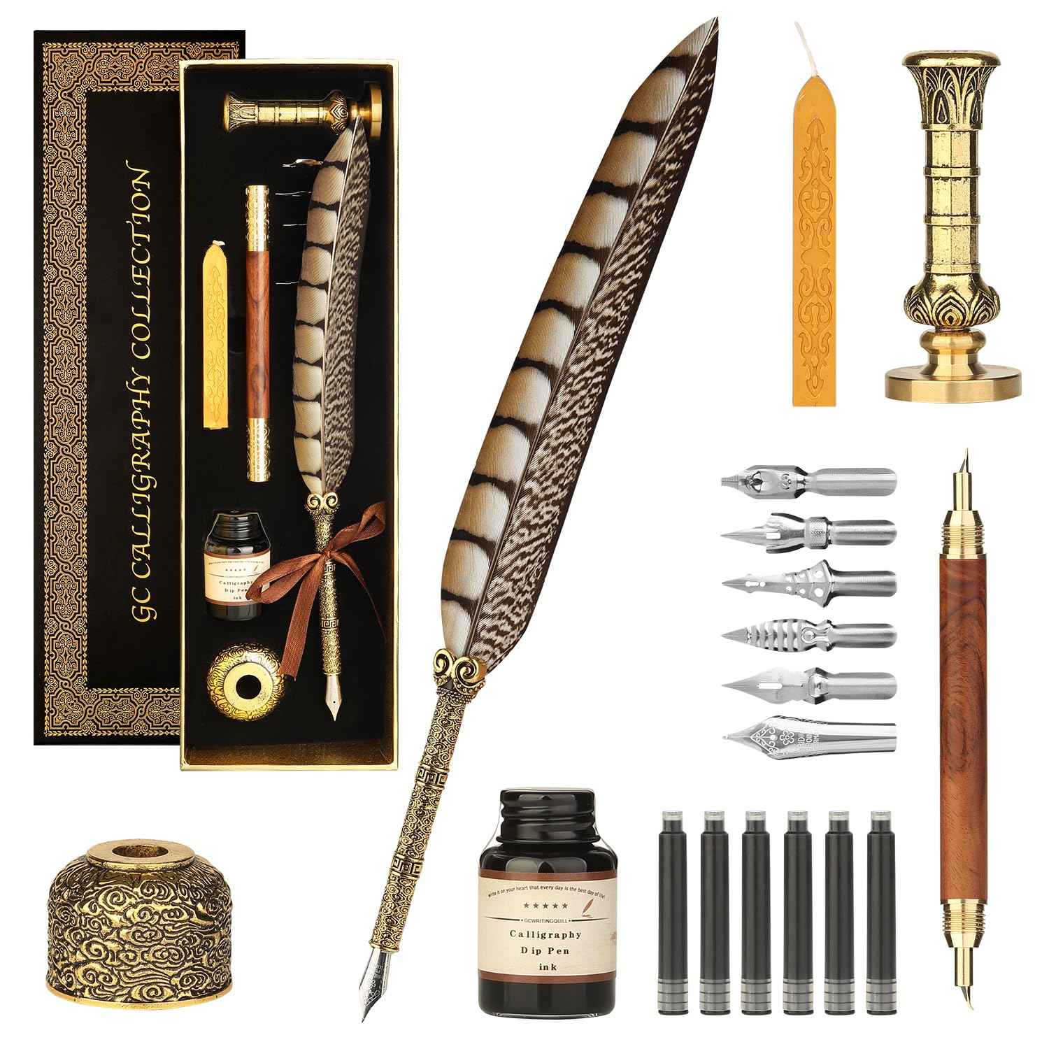 GC QUILL Calligraphy Pen Set - Feather Dip Pen,Dual Tip Calligraphy Fountain Pen, Stamp, Wax Candle, Pen Base, Ink Bottle, Ink Cartridges L1492
