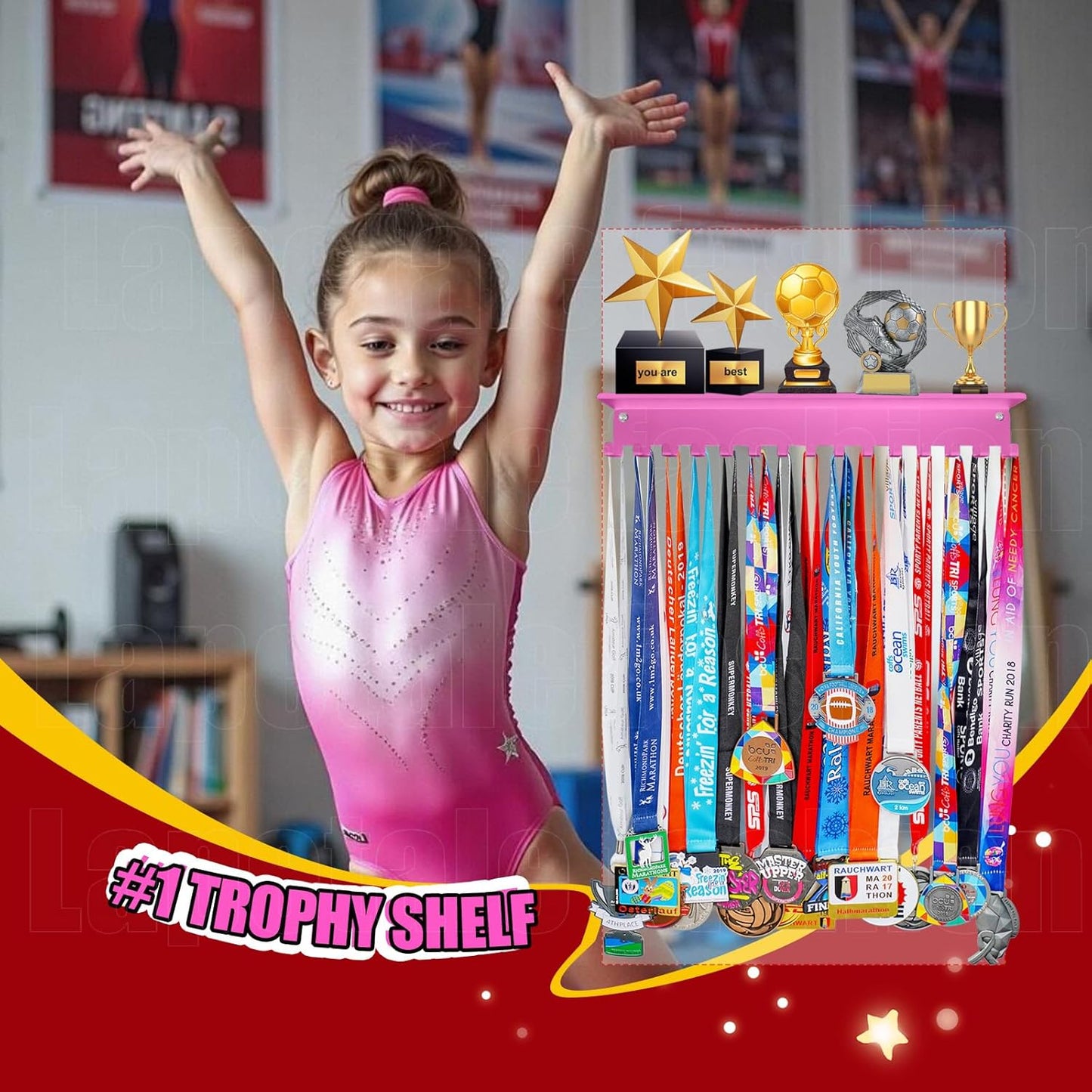 Skiennix Non-Slip Trophy Shelf | Medal Display Rack with 16-Inch Length for Gymnastics, Soccer, Swim