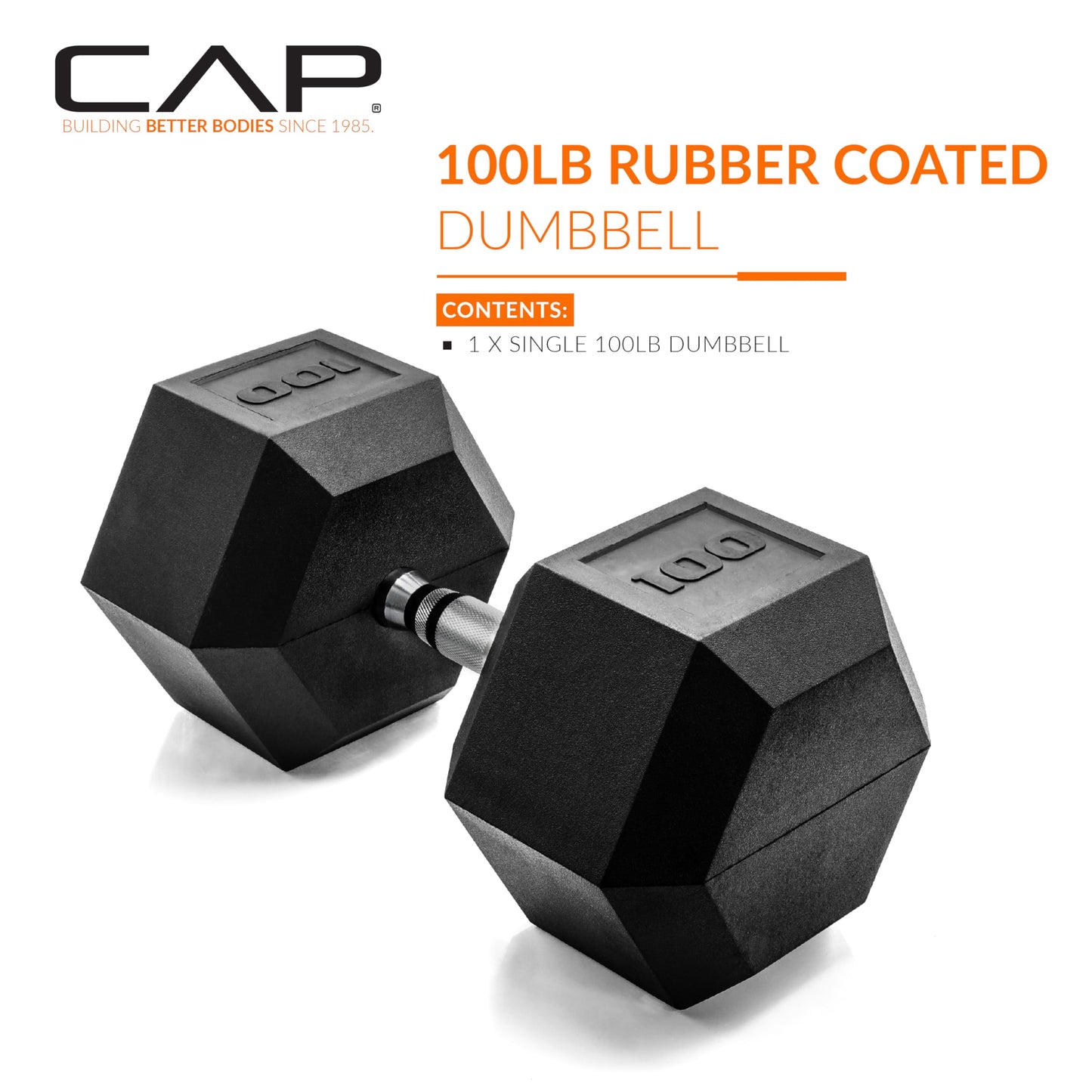 CAP 100lb Rubber Coated Hex Dumbbell, Chrome Grip, Free Weights, Single