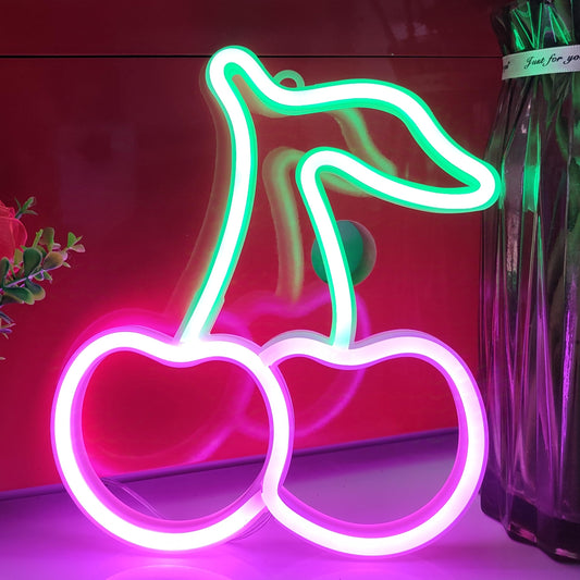 JYWJ Cherry Neon Sign,USB or 3-AA Battery Powered Neon Light,LED Table Decoration,Bedroom Wall Decoration,Birthday Gift,Wedding Supplies Business Gift(Green+Pink)