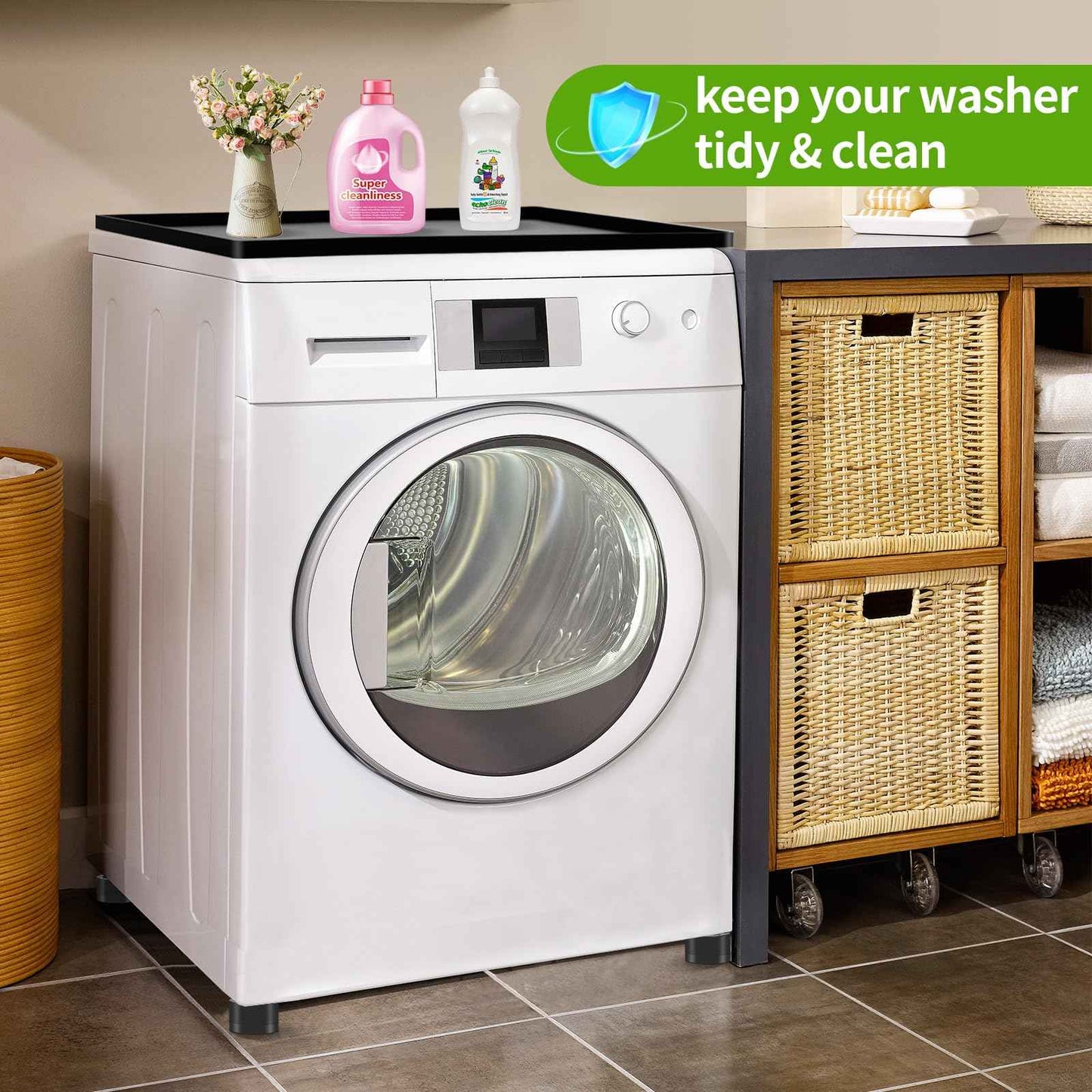 Mini Fridge Silicone Mat with 4 Sturdy Base Raisers, 24''x 24'' Drain Pan, Suitable for Fridge, Washing Machine, Dryer, Wine Cabinet.