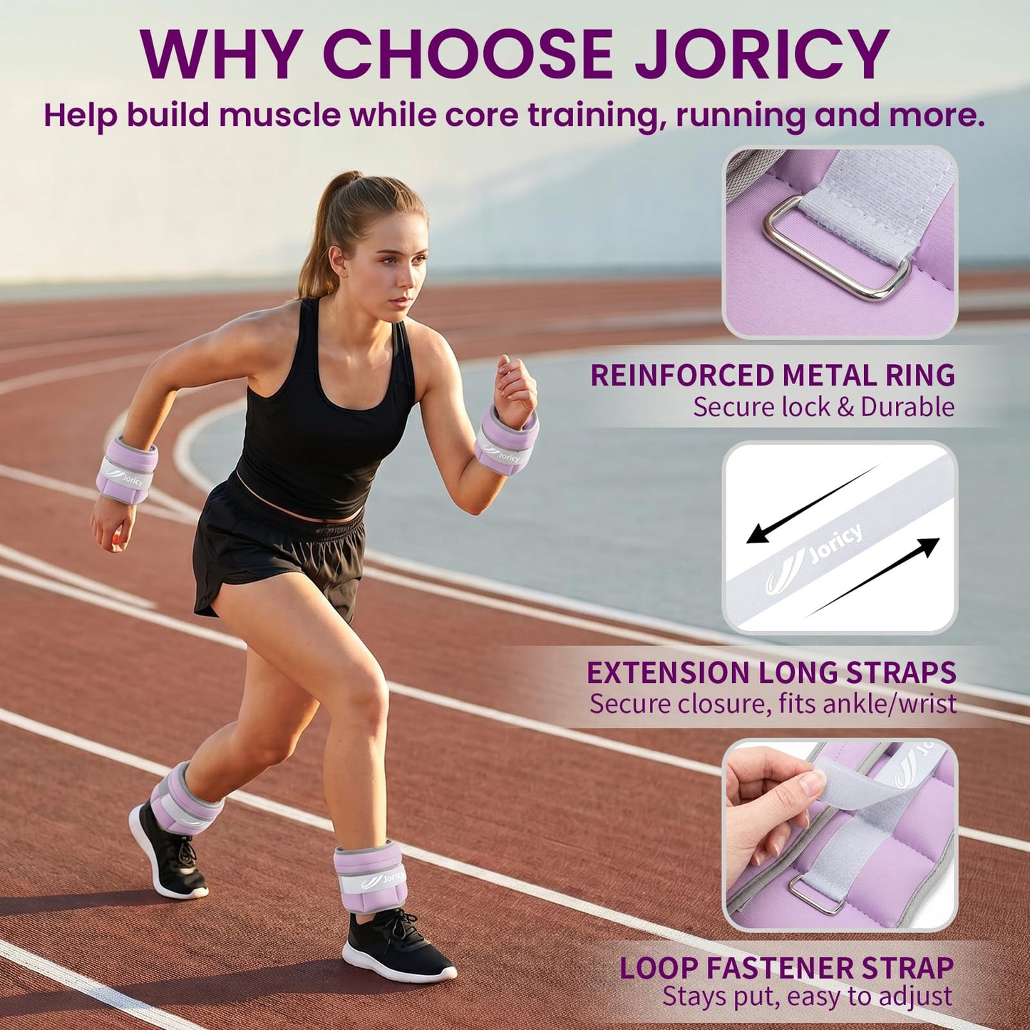 Adjustable Ankle Weights for Women Men 1-3 LBS 1 Pair Wrist Leg Arm Weights with Removable Weight, Strength Training Weight for Jogging, Walking, Running, Fitness, Gym Workout, Purple