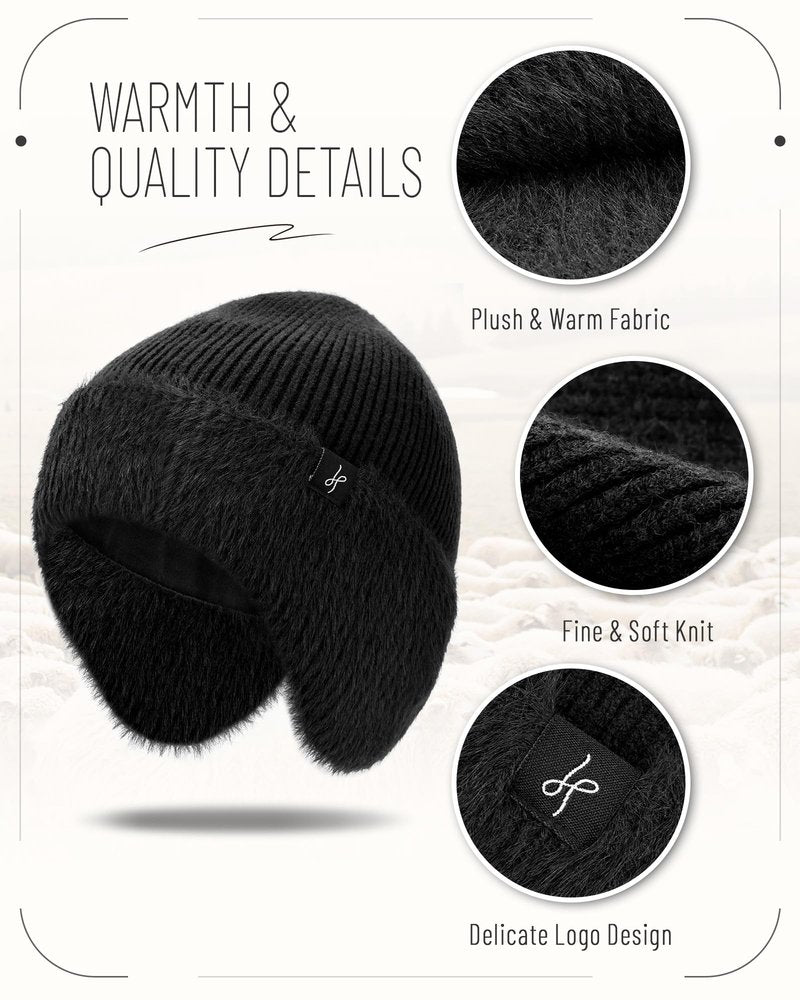 HAMUNI Winter Fleece-Lined Beanie with Earflaps, Warm Windproof Unisex Beanie Hat for Skiing, Hiking & Outdoor Winter Sports Pitch Black