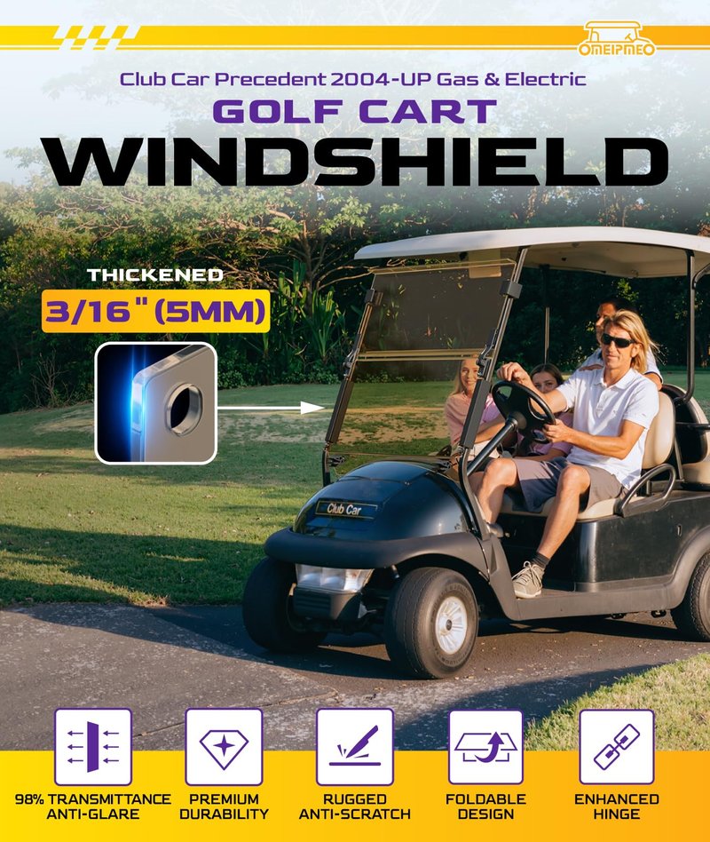 Club Car Precedent Windshield, Heavy Duty Hinge Golf Cart Windshield for Precedent/Tempo/Onward 2004-UP, Club Car Windshield Foldable, Anti-UV&Impact Resistant, 5MM Thick PC Material (Tinted)