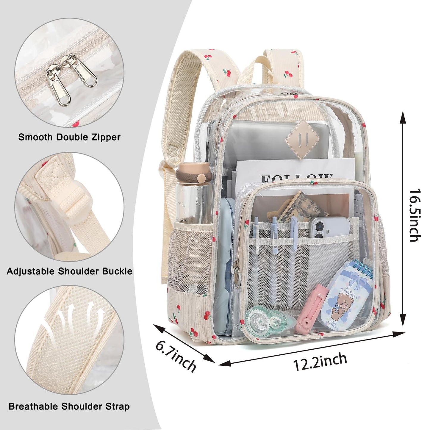 Xunteny Clear Backpack for Girls Women School Bookbag Heavy Duty Transparent Backpacks (Corduroy Cherry)