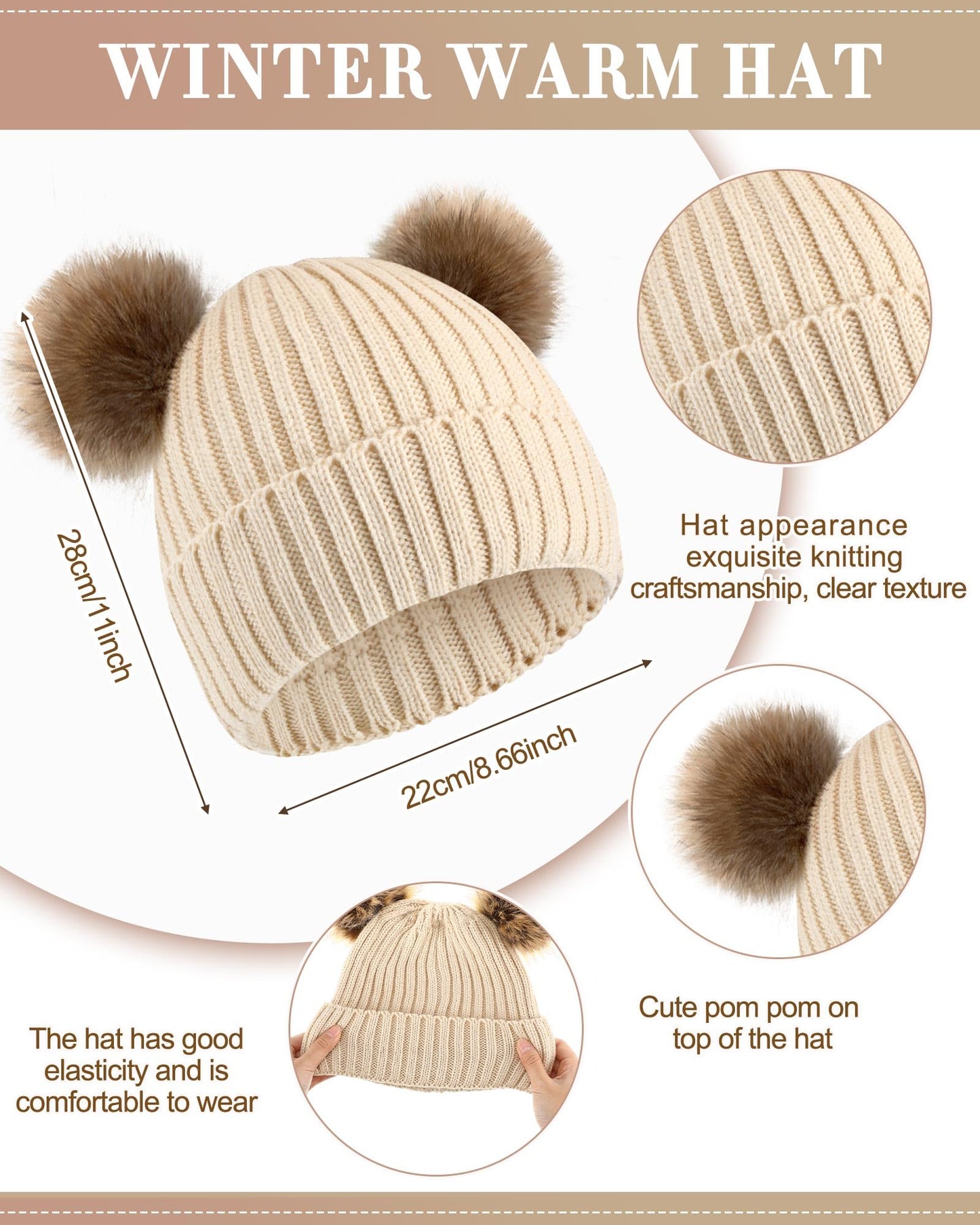 Geyoga 6 Pcs Winter Warm Knit Hat Long Scarf Touchscreen Gloves Ear Muffs Socks Sets, Winter Warm Gifts for Women (Beige,Striped-No Fleece)