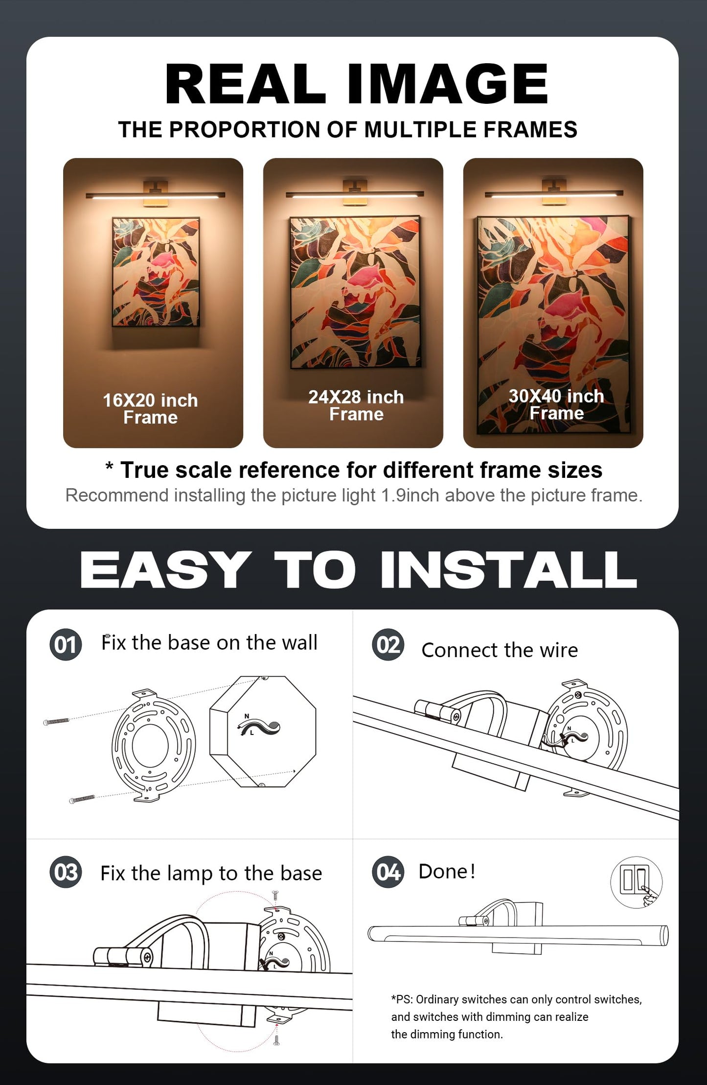 WAMBLZ Dimmable Picture Light for Wall 24 inch Golden Brass Finish Art Lighting with Rotatable Light Tube 2800K Full Metal Hardwired Gallery Light for Painting Artwork Display