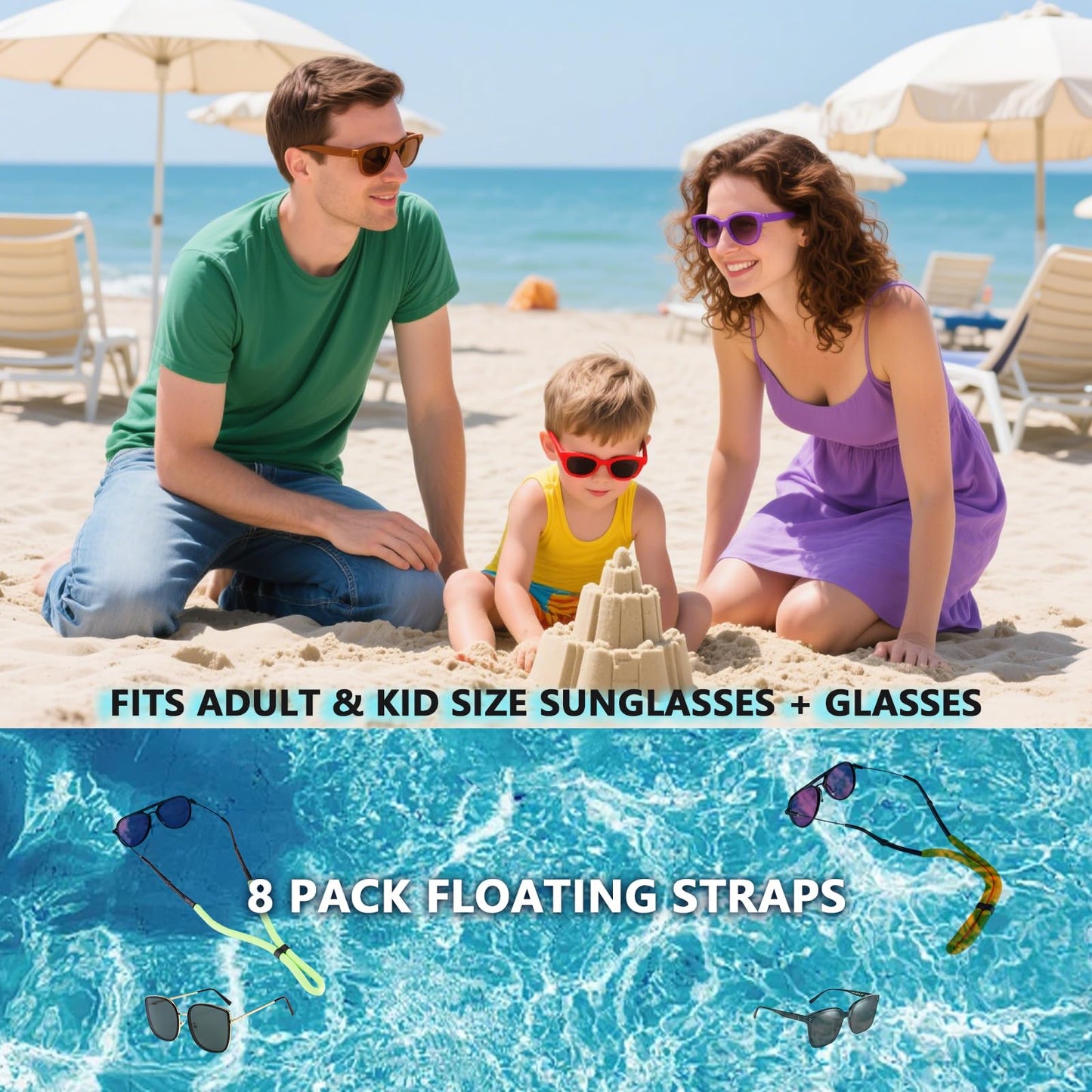 DMwespe 8 Pcs Floating Sunglasses Straps Buoyant Glasses Retainer for Water, Universal Adjustable Floatable Eyewear Lanyard for Boating Kayaking Fishing Paddleboarding Beach Lake Pool