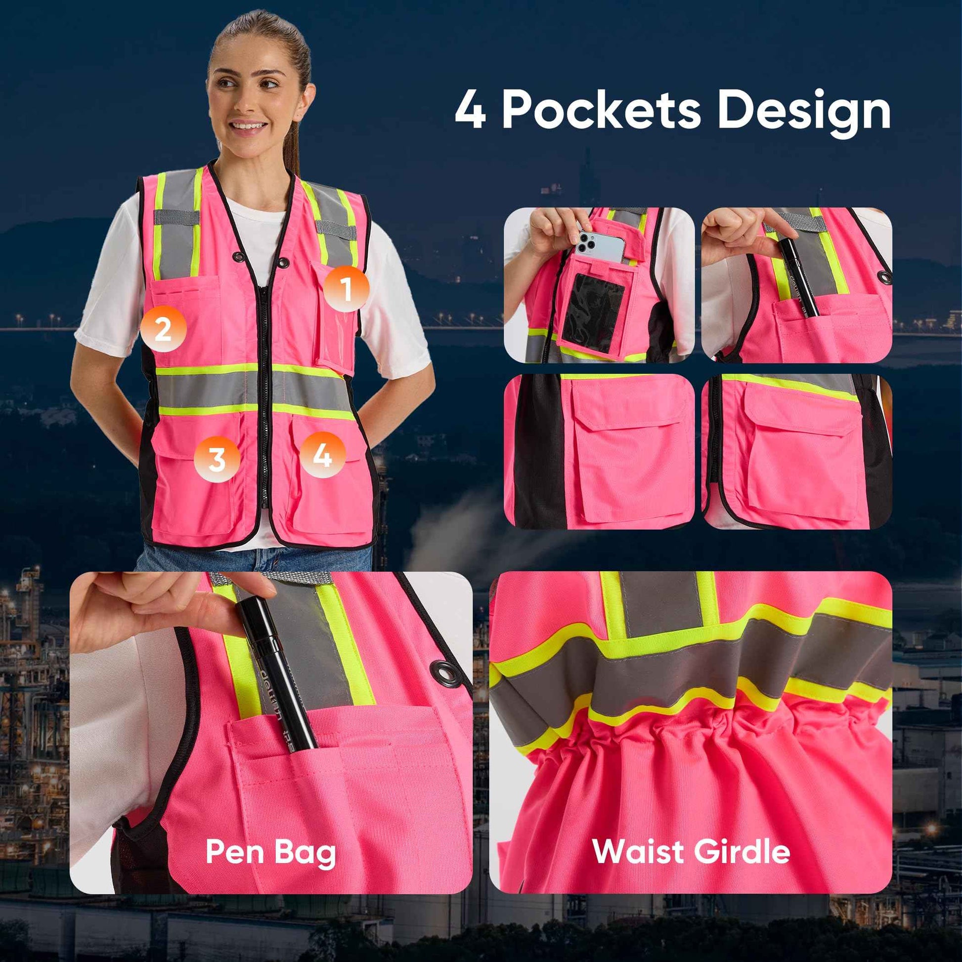 Hi Vis Safety Vest for Women,Working Drawstring waist Construction Vest with Pockets and Zipper,Womens Safety Vest,ANSI Type R Class2