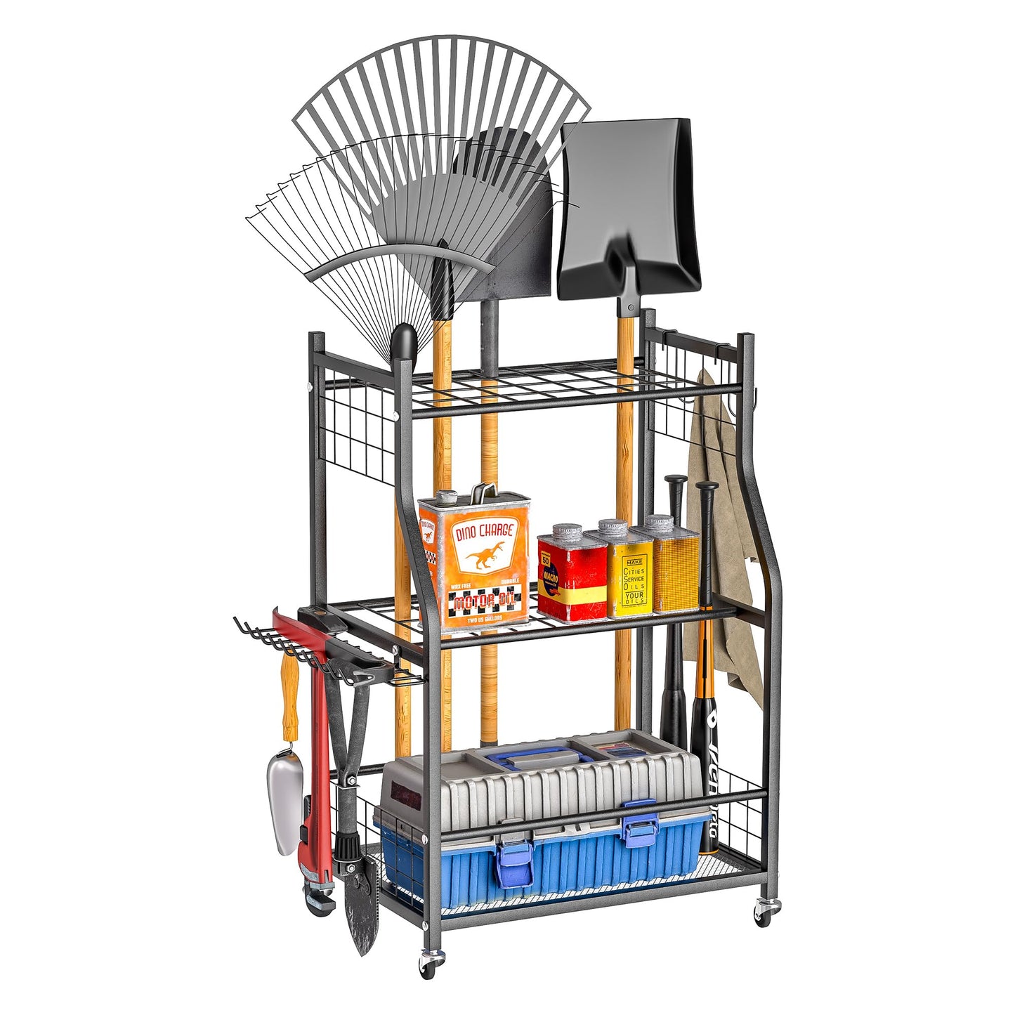 Ultrawall Garden Tool Organizer, Yard Tool Storage Stand for Garage with Lockable Wheels, Shed Tool Storage for Rake, Brooms, Indoor & Outdoor Use