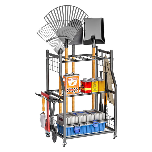 Ultrawall Garden Tool Organizer, Yard Tool Storage Stand for Garage with Lockable Wheels, Shed Tool Storage for Rake, Brooms, Indoor & Outdoor Use