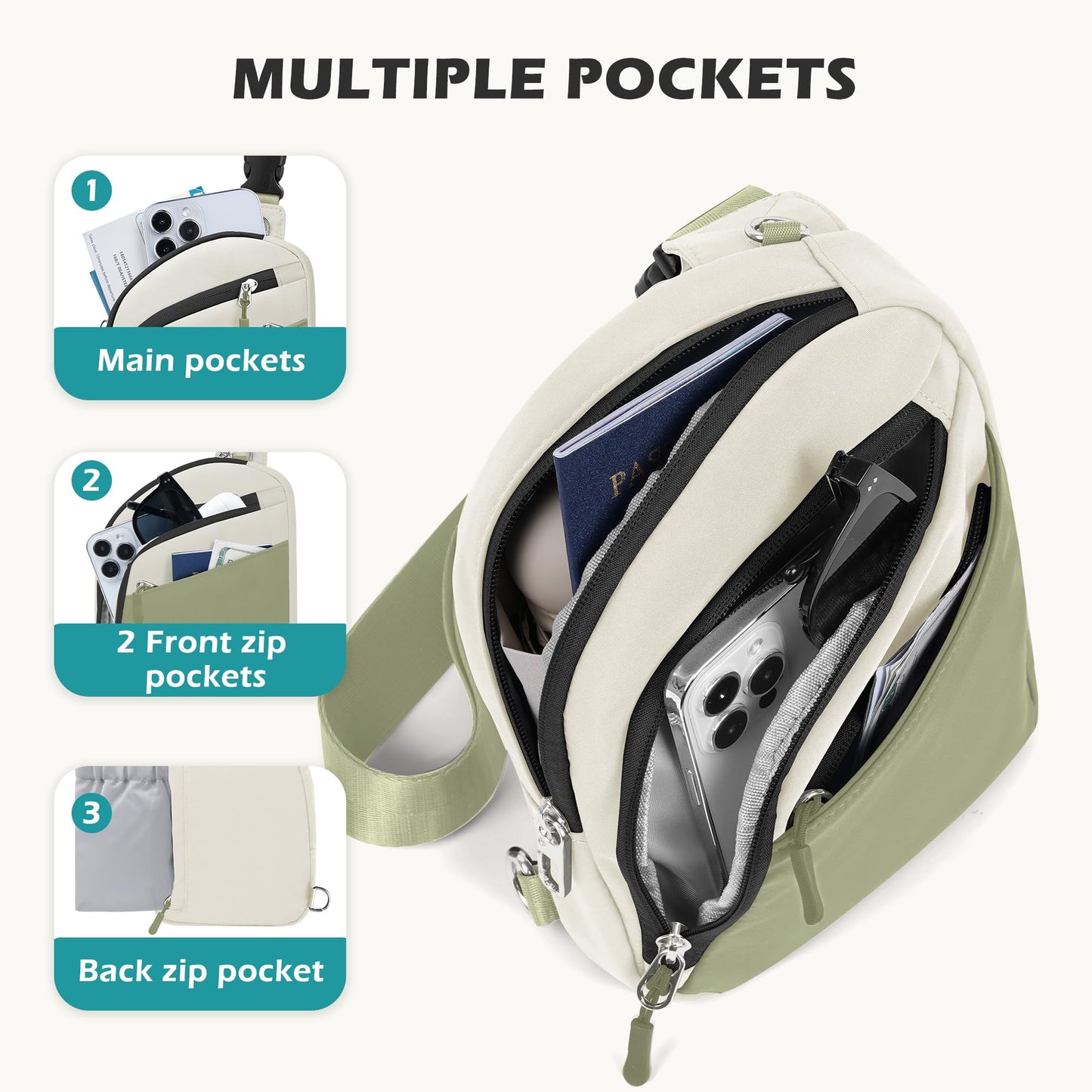 TOPEAST Anti-Theft Crossbody Bag for Women Men, Small Cross Body Bags Shoulder Bag for Travel Work, Slim Sling Bag with RFID Blocking for Gift, Beige Green