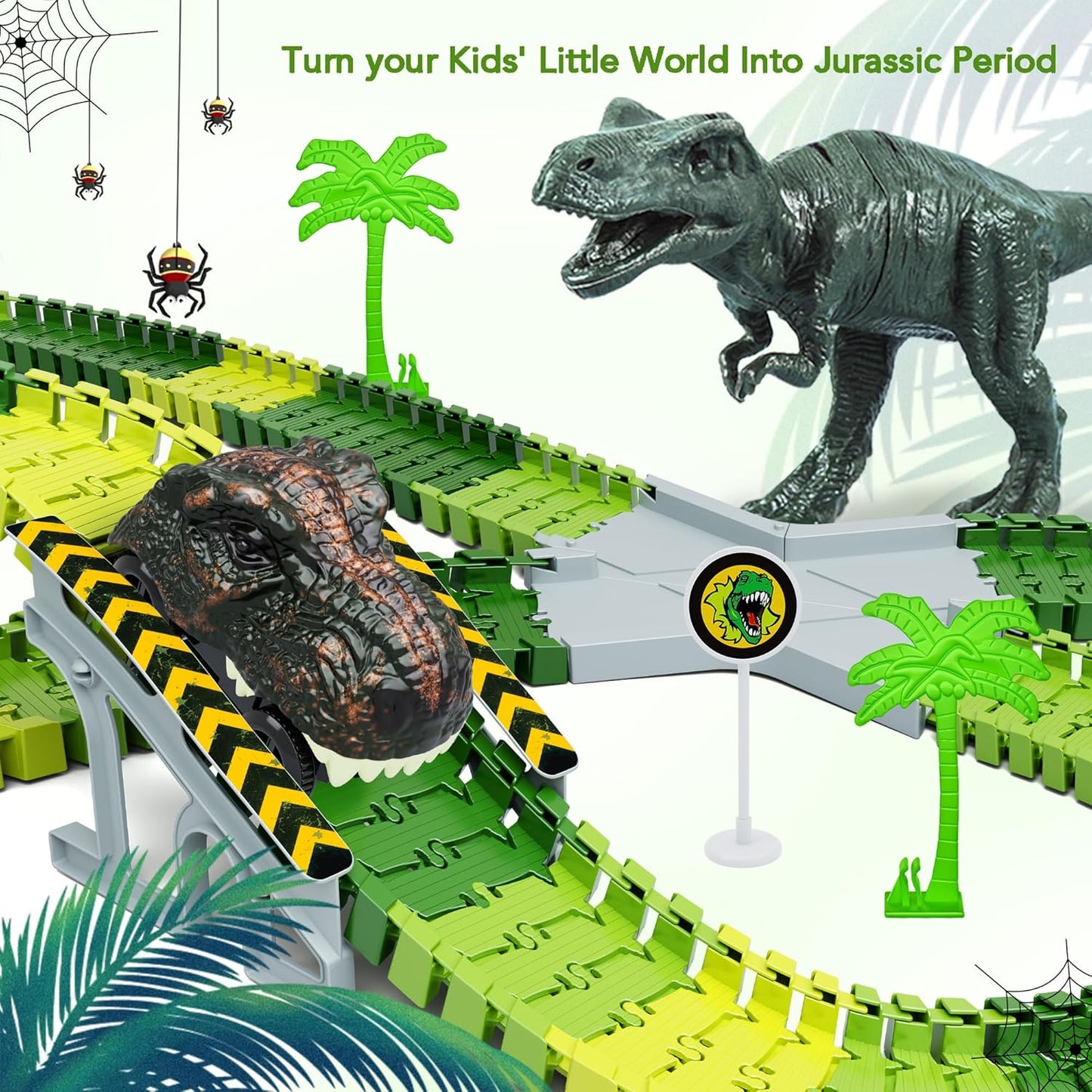 Skiennix Dinosaur Toys - Create A Dinosaur World Road Race Playset with Flexible Track & 2 Cars for Kids 3-6 Years
