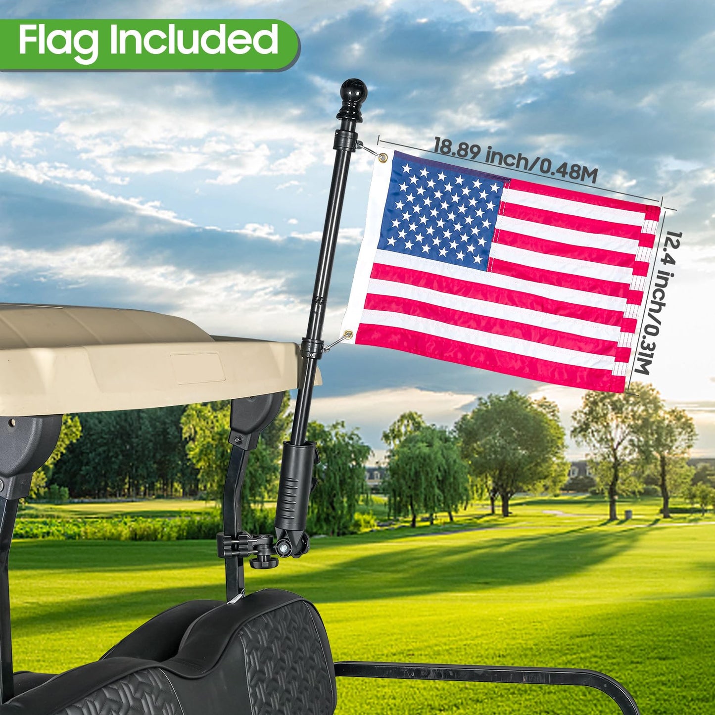 10L0L Golf Cart Flagpole Kit with 12x18" American Flag, Universal Fit for Club Car, EZGO, Yamaha Golf Cart, Adjustable Black Stainless Steel Pole Mount, Golf Cart Flag Holder Accessories