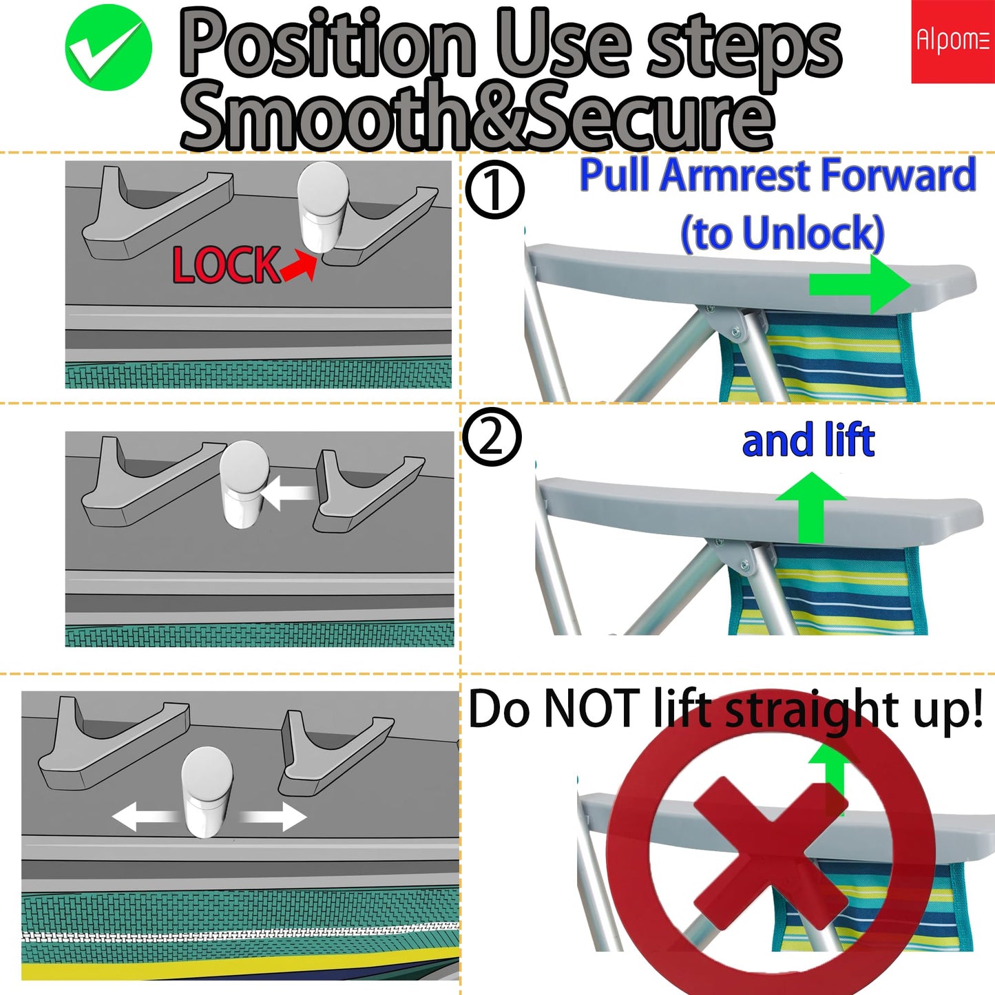 ALPOME Aluminum Backpack Low Profile Beach Chair - 5-Position Lay Flat Reclining Folding Chair with Removable Cooler Bag - Heavy Duty 330 lbs Capacity, Lightweight Portable Sand Seat - Striped Green