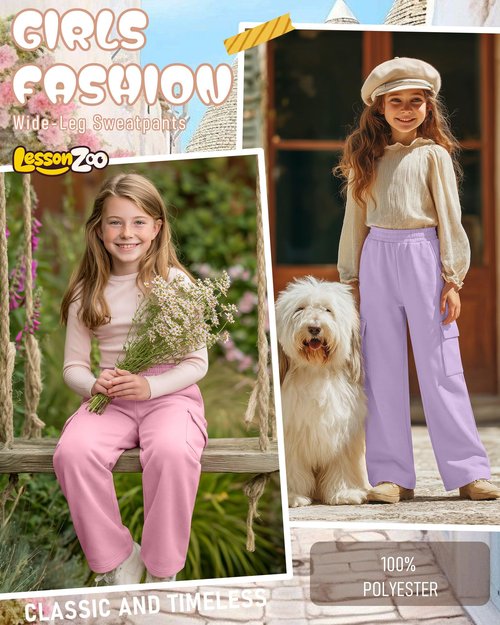 LessonZoo 3 Pack Girl's Lightweight Wide Leg Sweatpants Cargo Pants Baggy High Waisted Joggers Teen Girl Pants with Pockets(Light Purple, Pink, Black,9-10 Y)