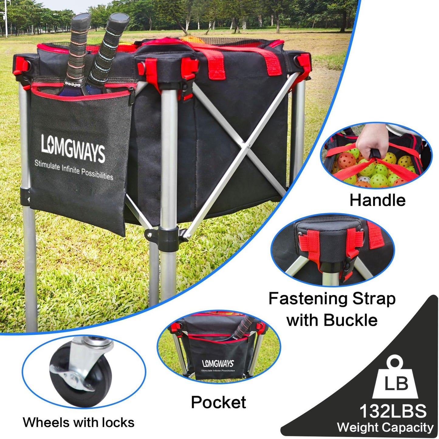 LOMGWAYS Pickleball Tennis Ball Hopper-Foldable Lightweight Tennis Ball Cart Holds 180 Tennis with Removable Bag,Wheel,Side Pocket for Training/Teaching, for Tennis/Pickleball/Baseball/Softball