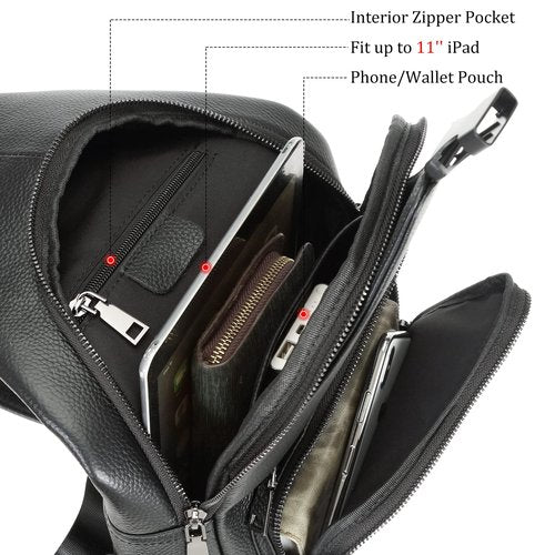 Polare Cowhide Italian Leather Sling Chest Shoulder Bag Waterproof Anti Theft Crossbody Casual Daypack (Black)