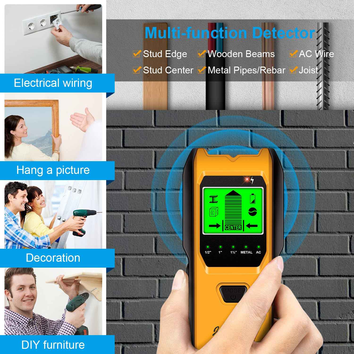 Stud Finder Wall Scanner, 5 in 1 Multifunction Stud Locator with Upgraded Smart Sensor, HD LCD Display and Audio Alarm for The Center & Edge of Metal, Studs, AC Wire, and Pipe Detection (Canary)