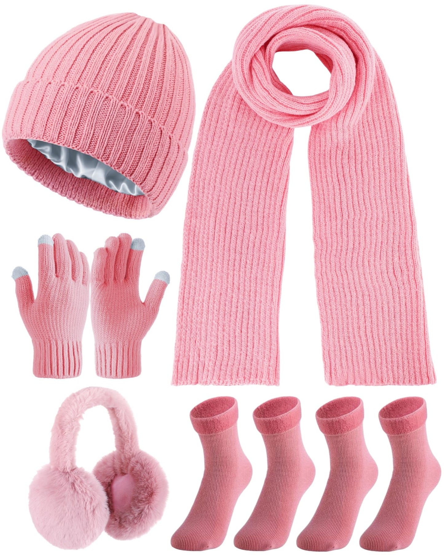 Geyoga 6 Pcs Winter Knit Set with Knit Beanie Hat Long Scarf Touchscreen Gloves Foldable Earmuff Fleece Socks for Women(Pink,Minimalist Style)