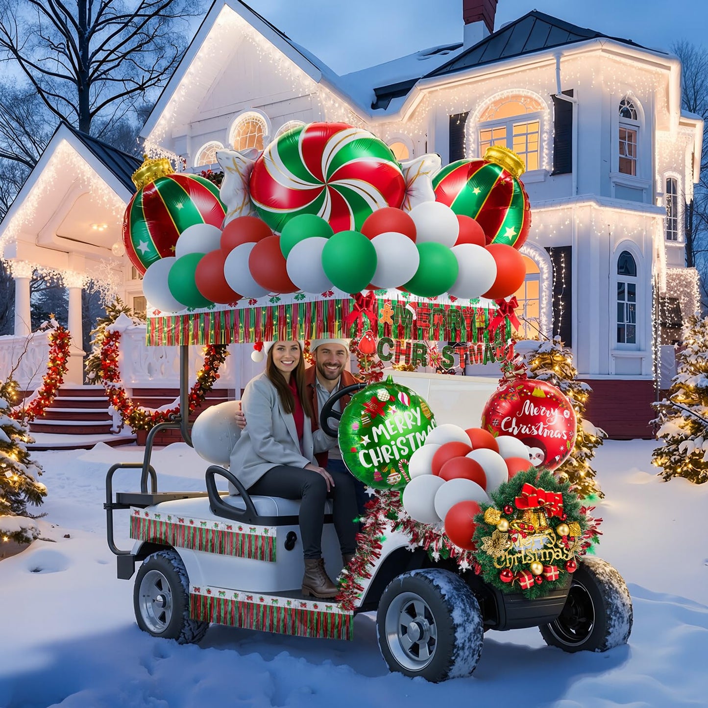 JolliLudo 68 Pcs Christmas Parade Golf Cart Decoration Kit with Red Green White Themed Tinsel Garland, Bows, Banner, Balloons and Stickers for Holiday Parade Party Supplies