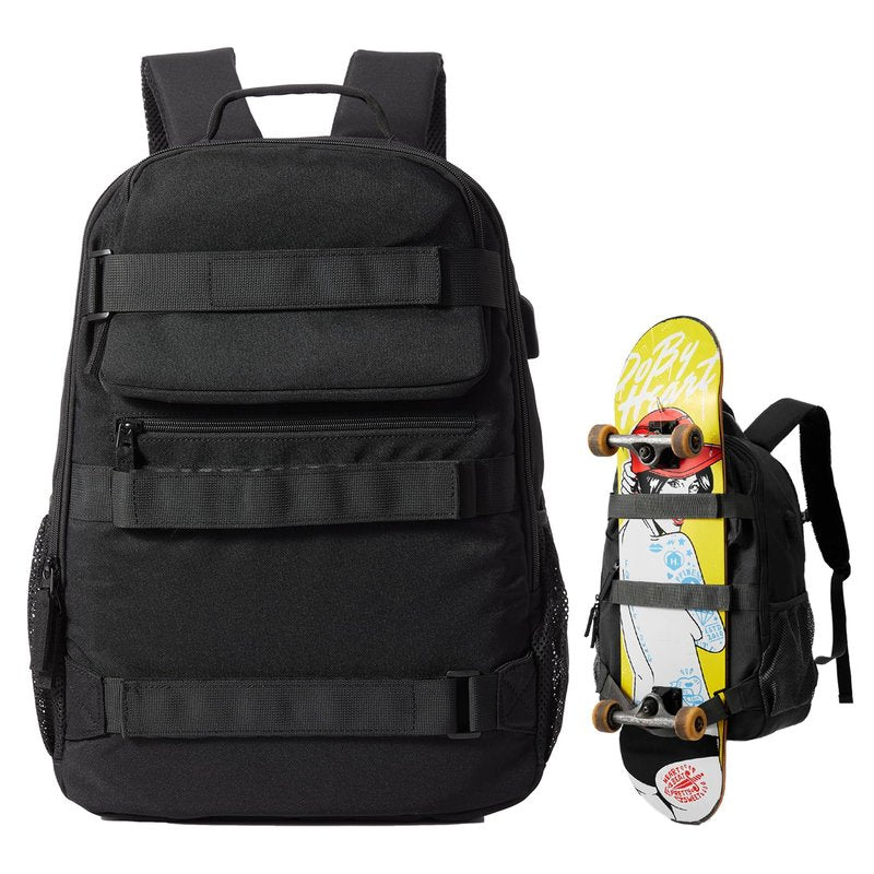 Skateboard Backpack, Large Skateboard Bag for Men and Women Laptop Bag with USB Port, for Skateboarding, College, Travel (Black)
