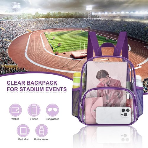 Busiuw Clear Backpack - Stadium-Approved Design with Front Pocket | 12"x12"x6" | Purple Color