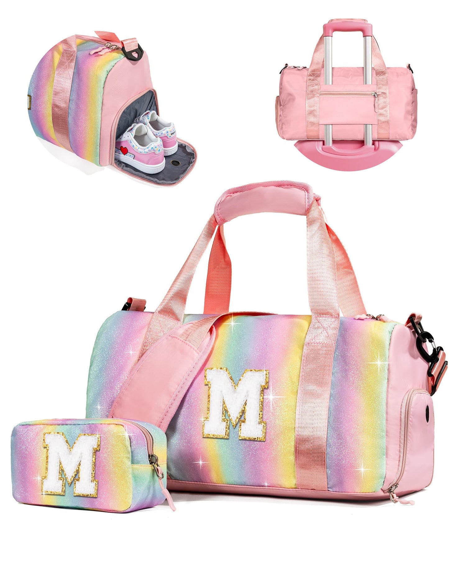 Vogewood Gifts for 3 4 5 6 7 8 9 10 Year Old Girls-Girl Gym Bag with Shoe Compartment, Kid Personalized Weekender Dance Bags, Initial Travel Tote with Makeup Pouch, Gift Ideas for Kids (Letter M)