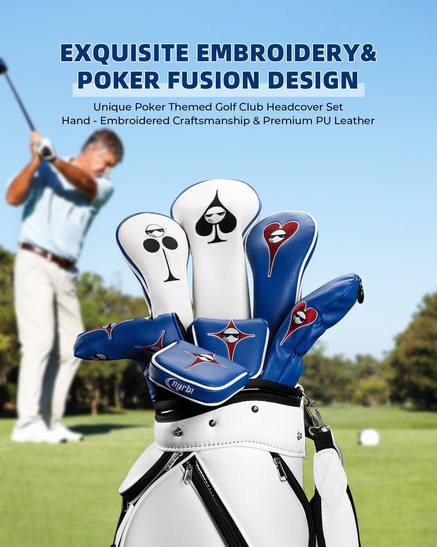 Golf Club Head Covers, Poker Golf Headcovers for Woods and Driver Fairway Hybrids Women Men, Premium PU Leather Magnetic Blade and Mallet Putter Covers 1, 3, 5 and X