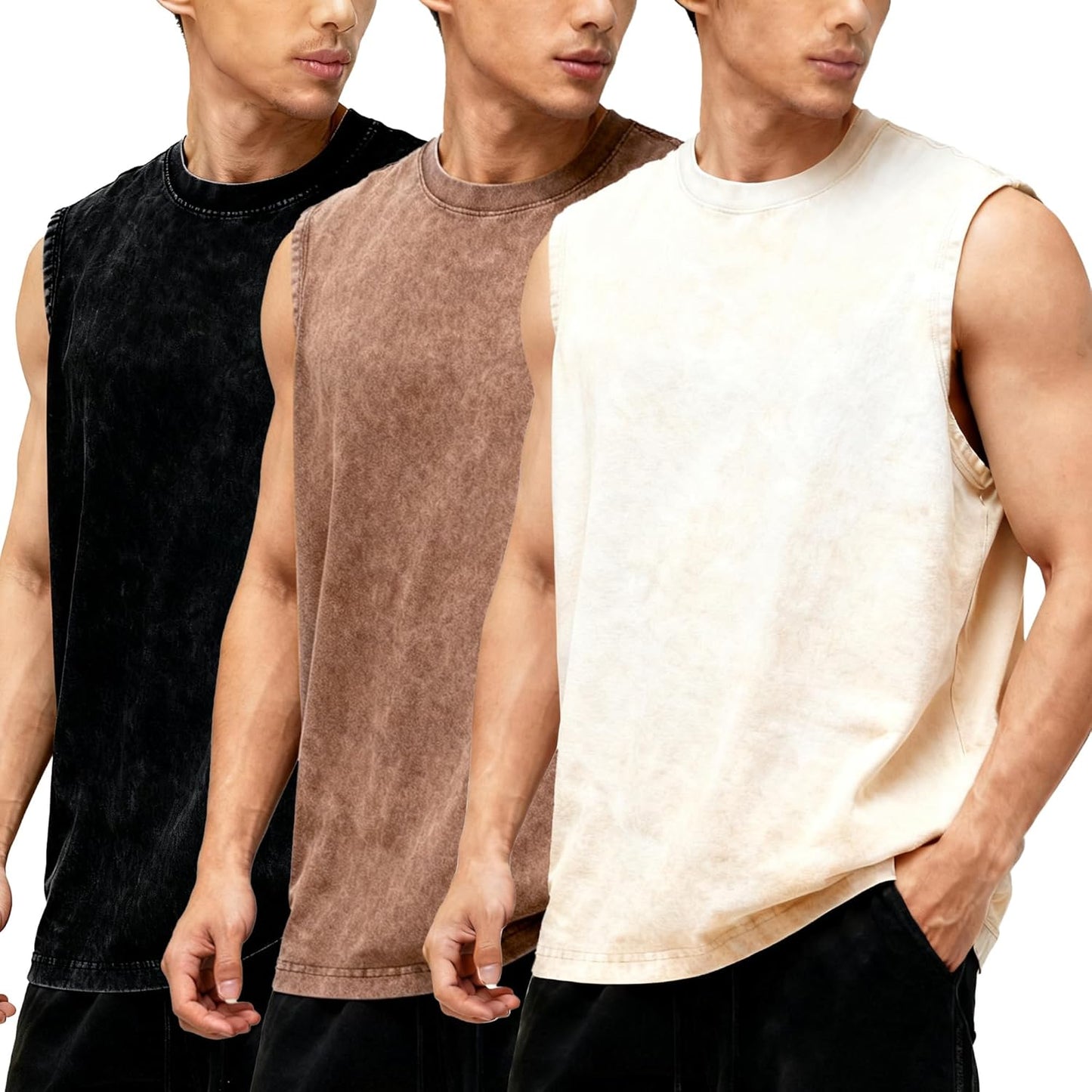 Skiennix Men's Sleeveless Tank Tops - 3-Pack Acid Wash Workout Tees | Loose-Fit Athletic Style