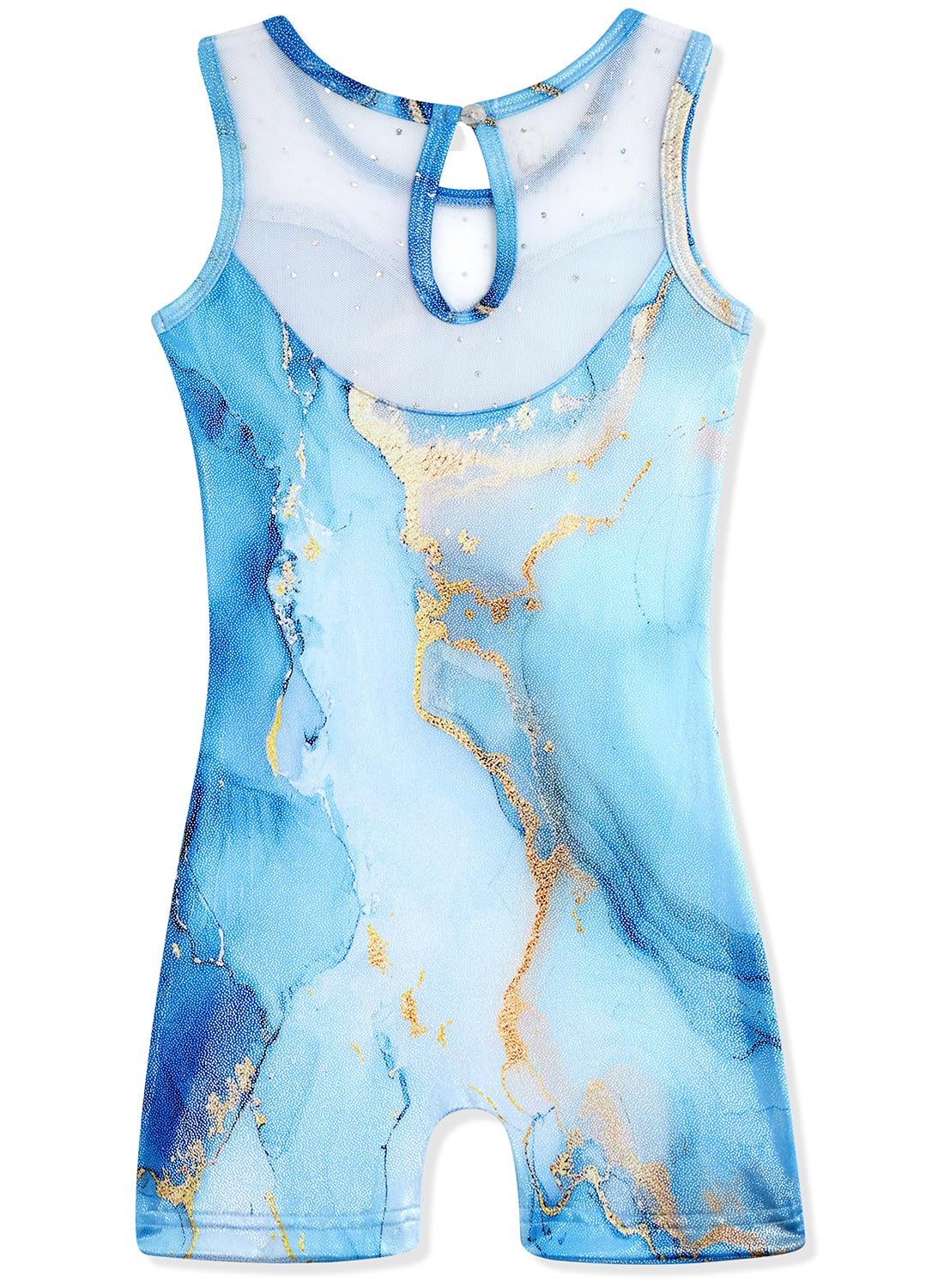 HOZIY Girls Gymnastics Leotards Size 7-8 Years Diamond Falling Rhinestone Blue Marble White Spliced Tumbling Outfits Biketard Practice Ropa De Niña Para Gimnasia Suit